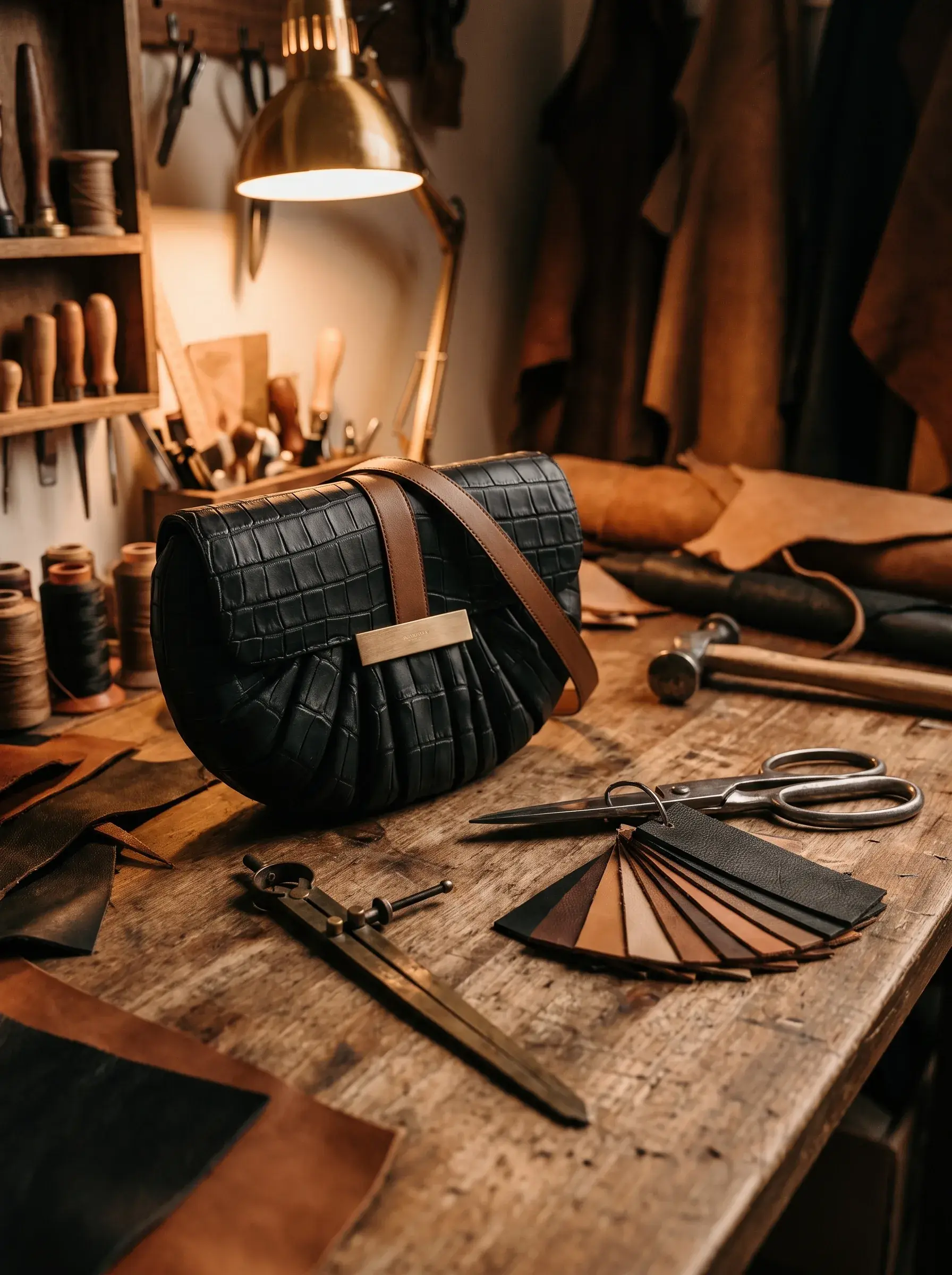 Sac noir posé au centre d’un établi de maroquinier couvert d’outils
