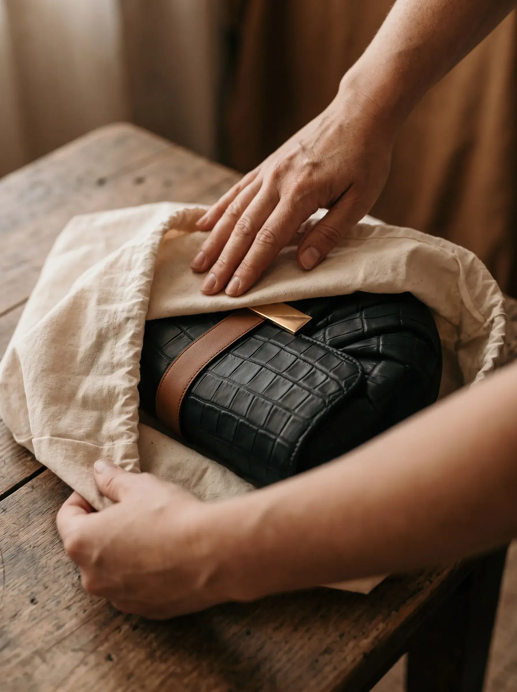 Mains enveloppant soigneusement un sac noir dans une housse en toile blanche