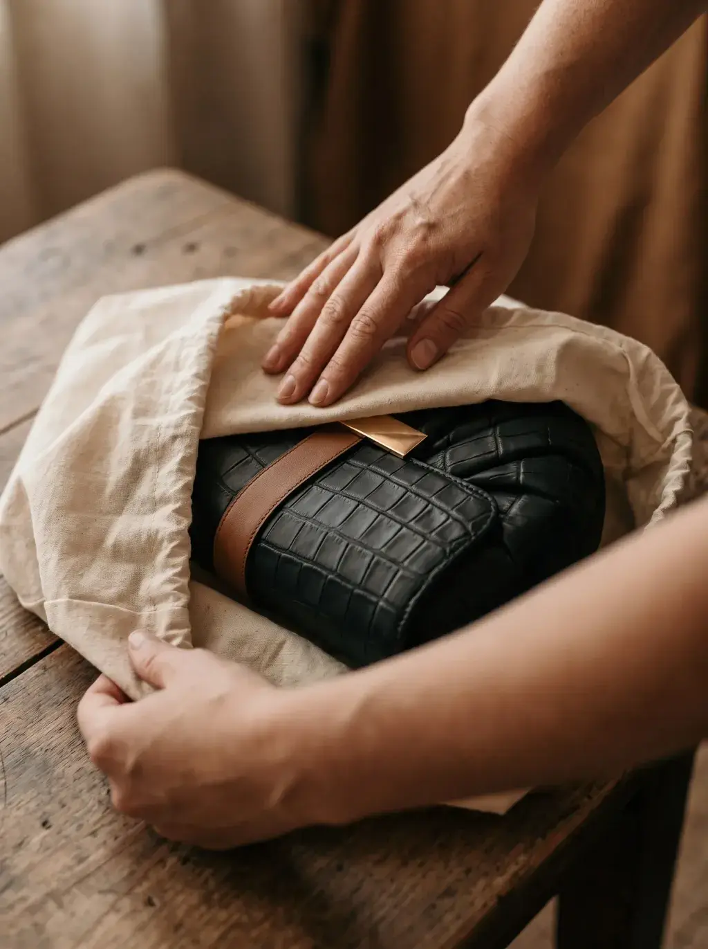 Mains enveloppant soigneusement un sac noir dans une housse en toile blanche
