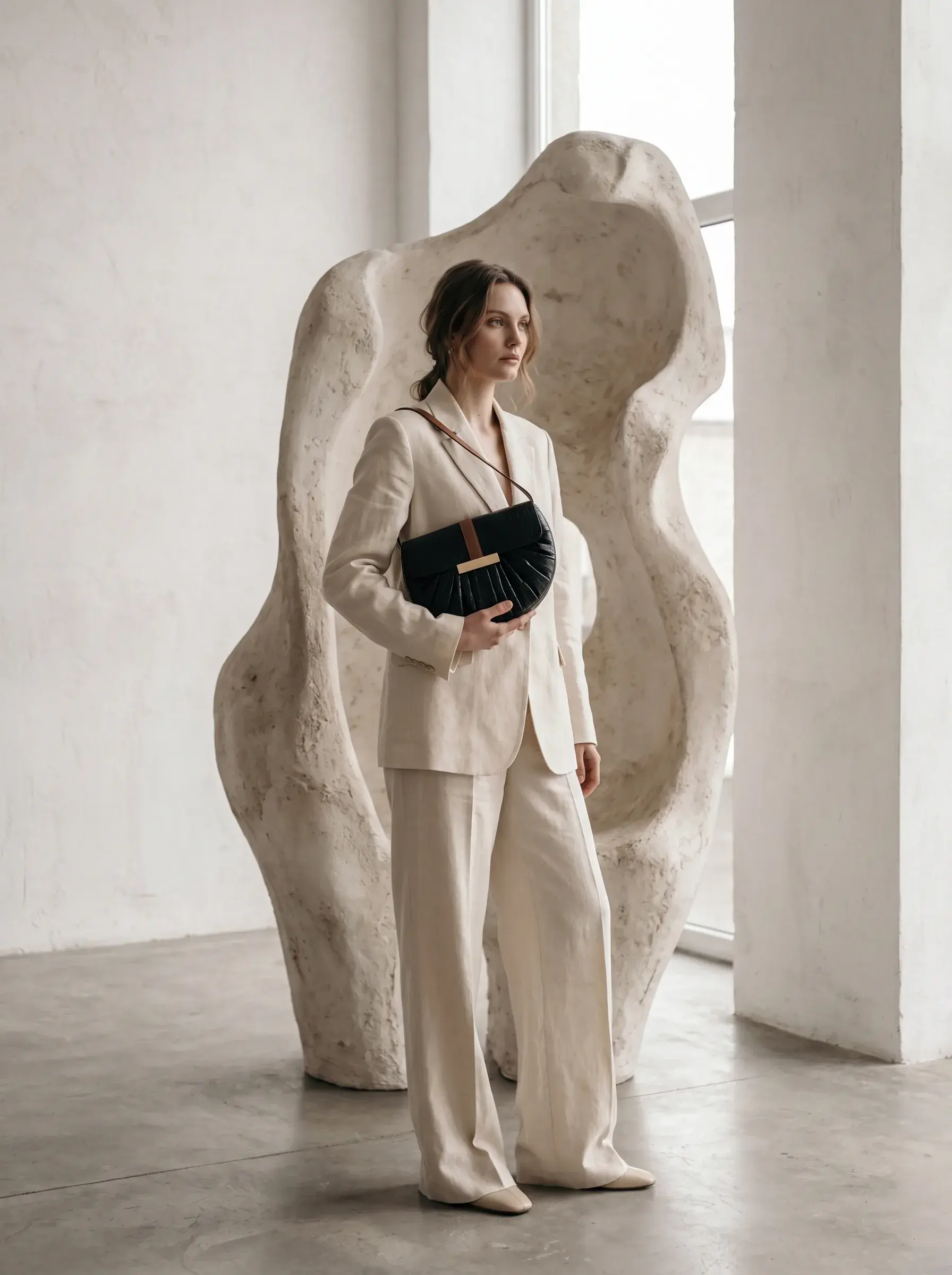 Femme en costume blanc portant un petit sac noir dans une galerie sculpturale