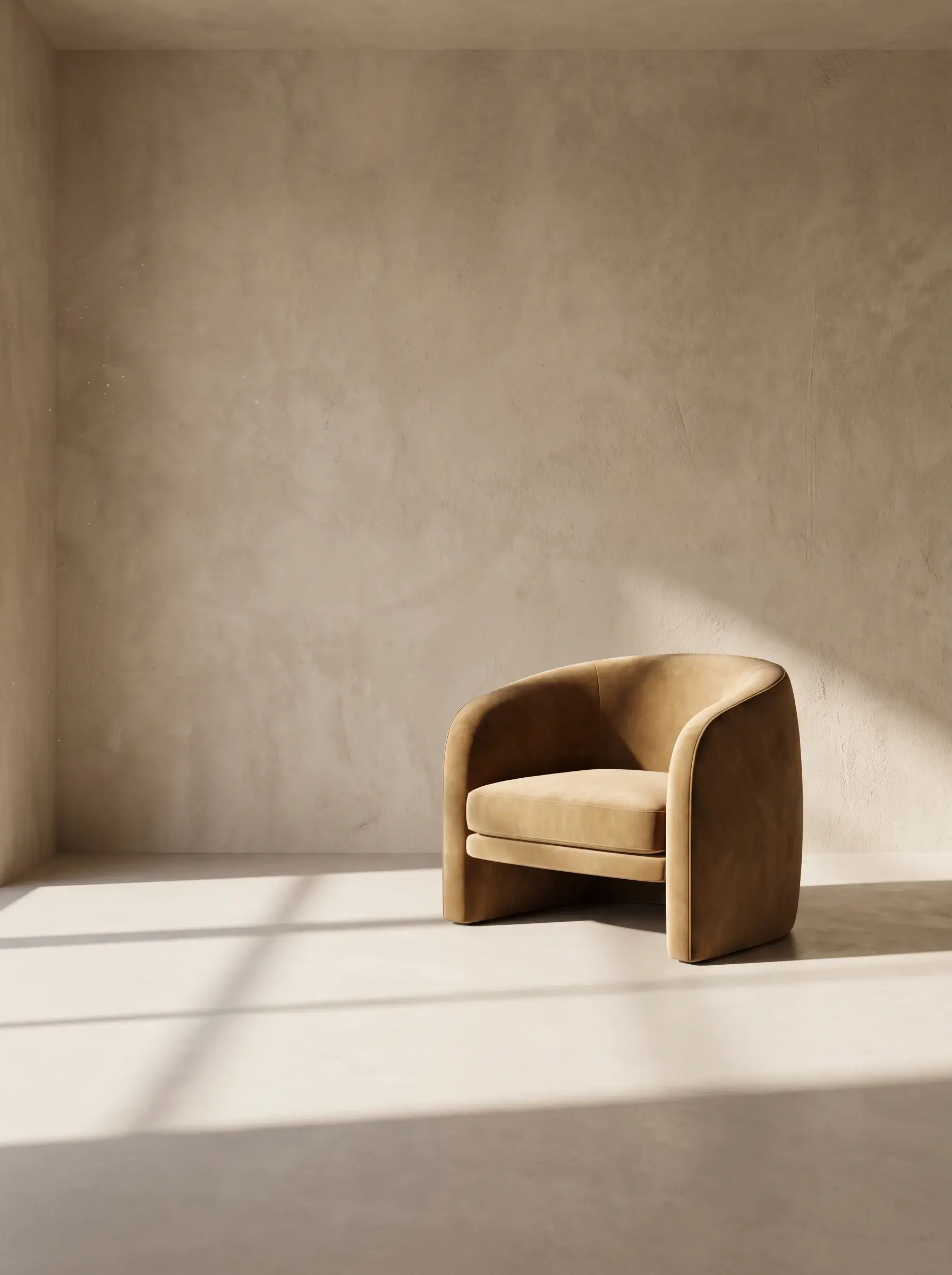 Fauteuil sculptural brun isolé dans une pièce minimaliste baignée de lumière