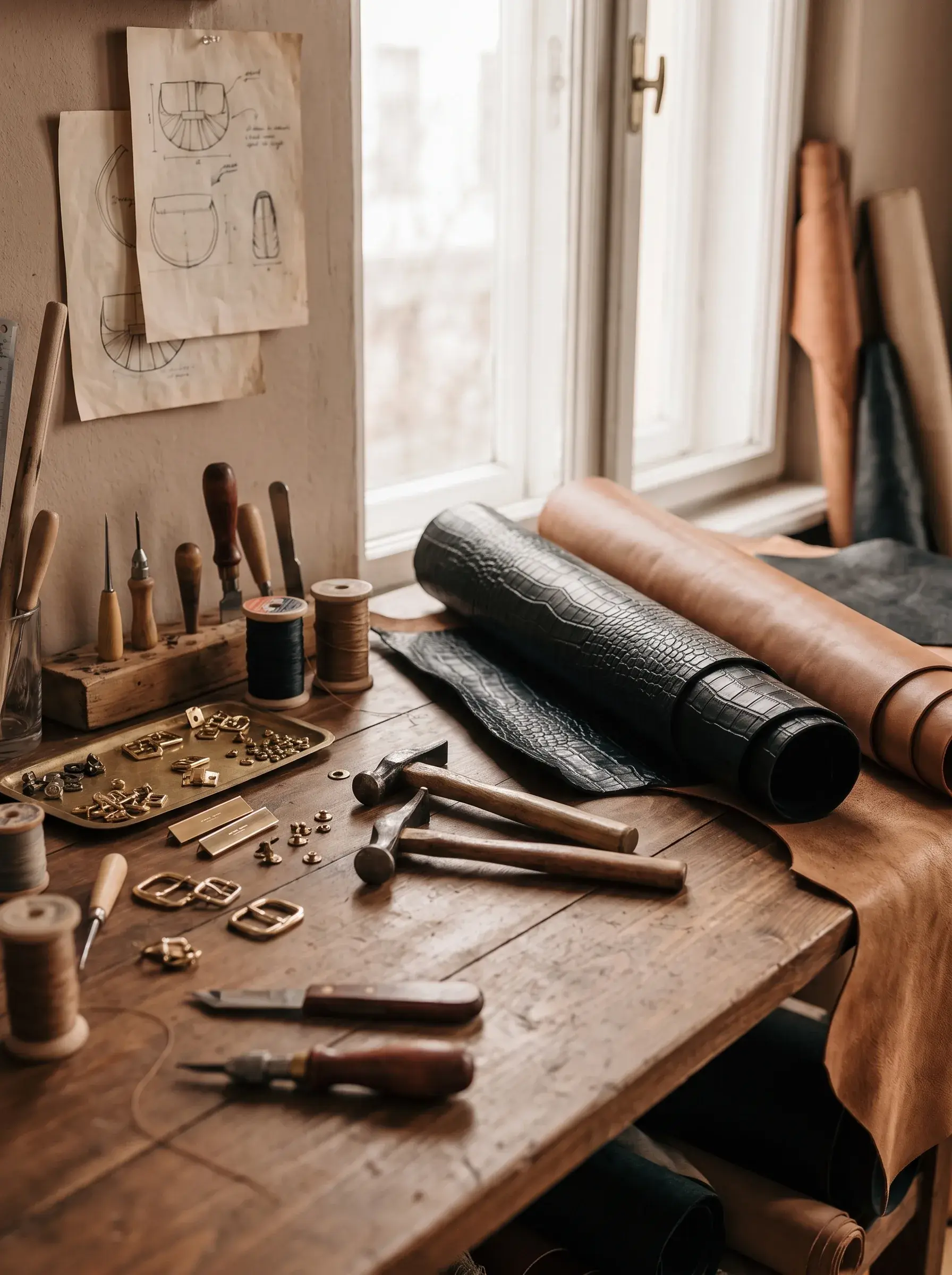 Établi de maroquinier couvert d’outils, de rouleaux de cuir et de patrons
