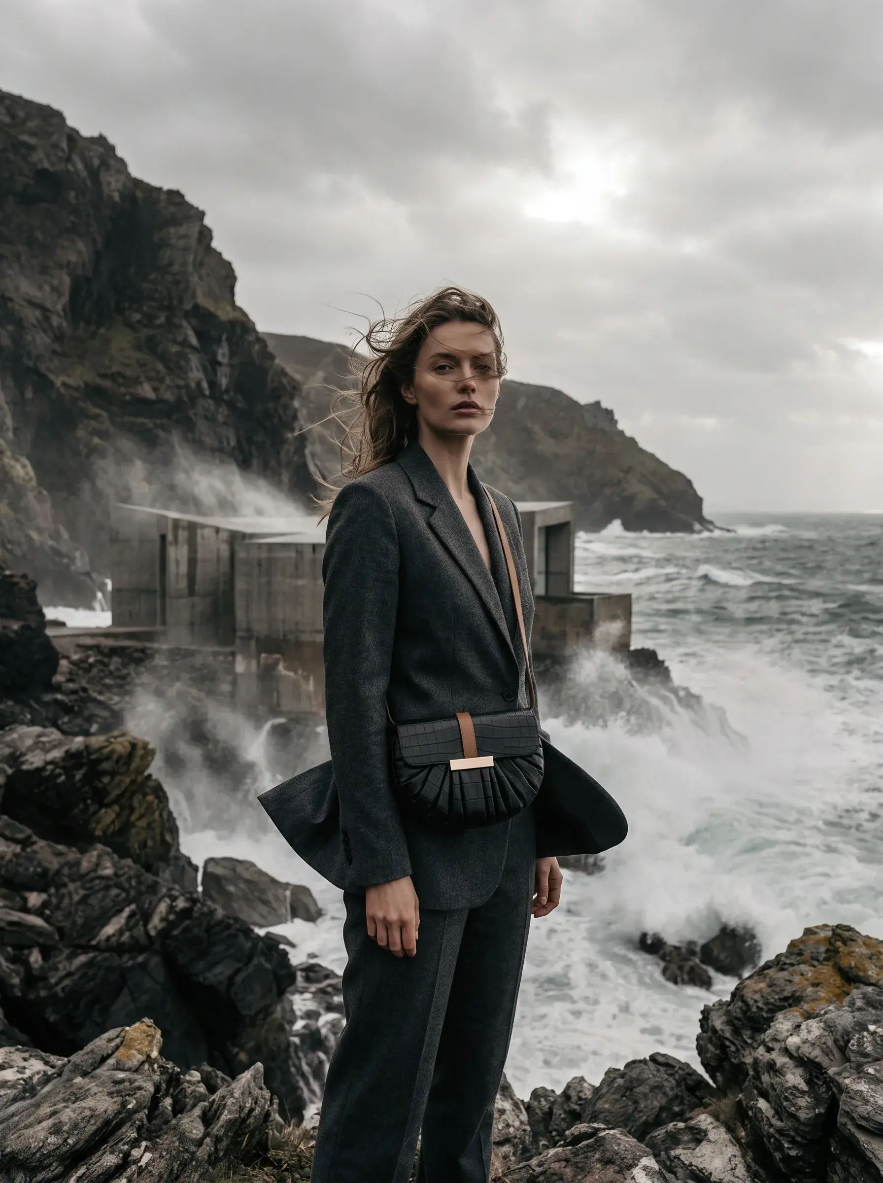 Femme en tailleur sombre portant un sac tressé devant des vagues puissantes