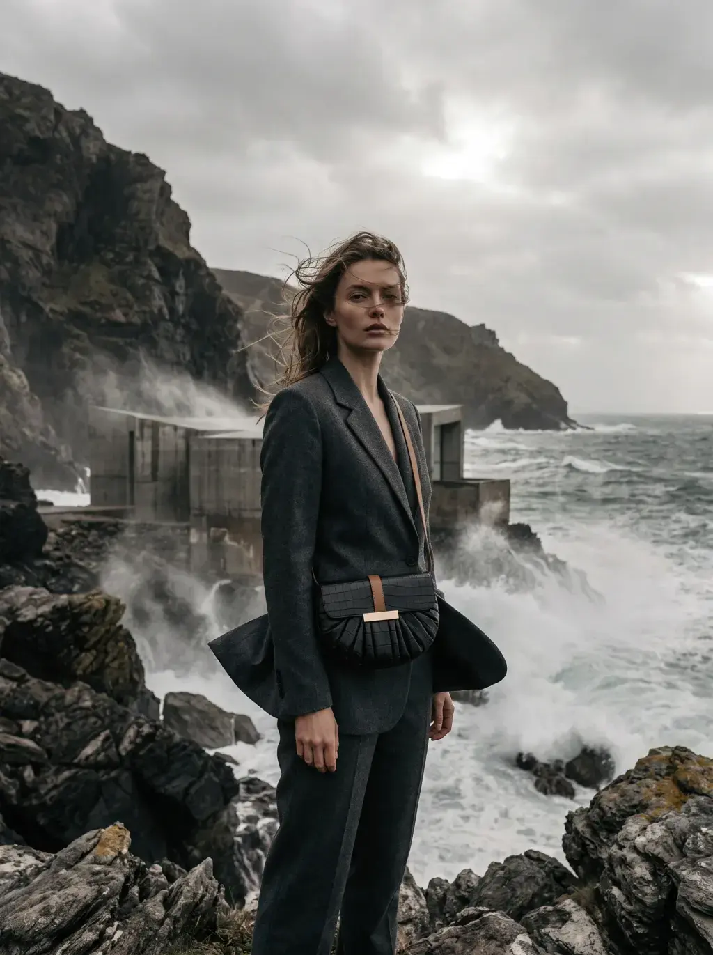 Femme en tailleur sombre portant un sac tressé devant des vagues puissantes