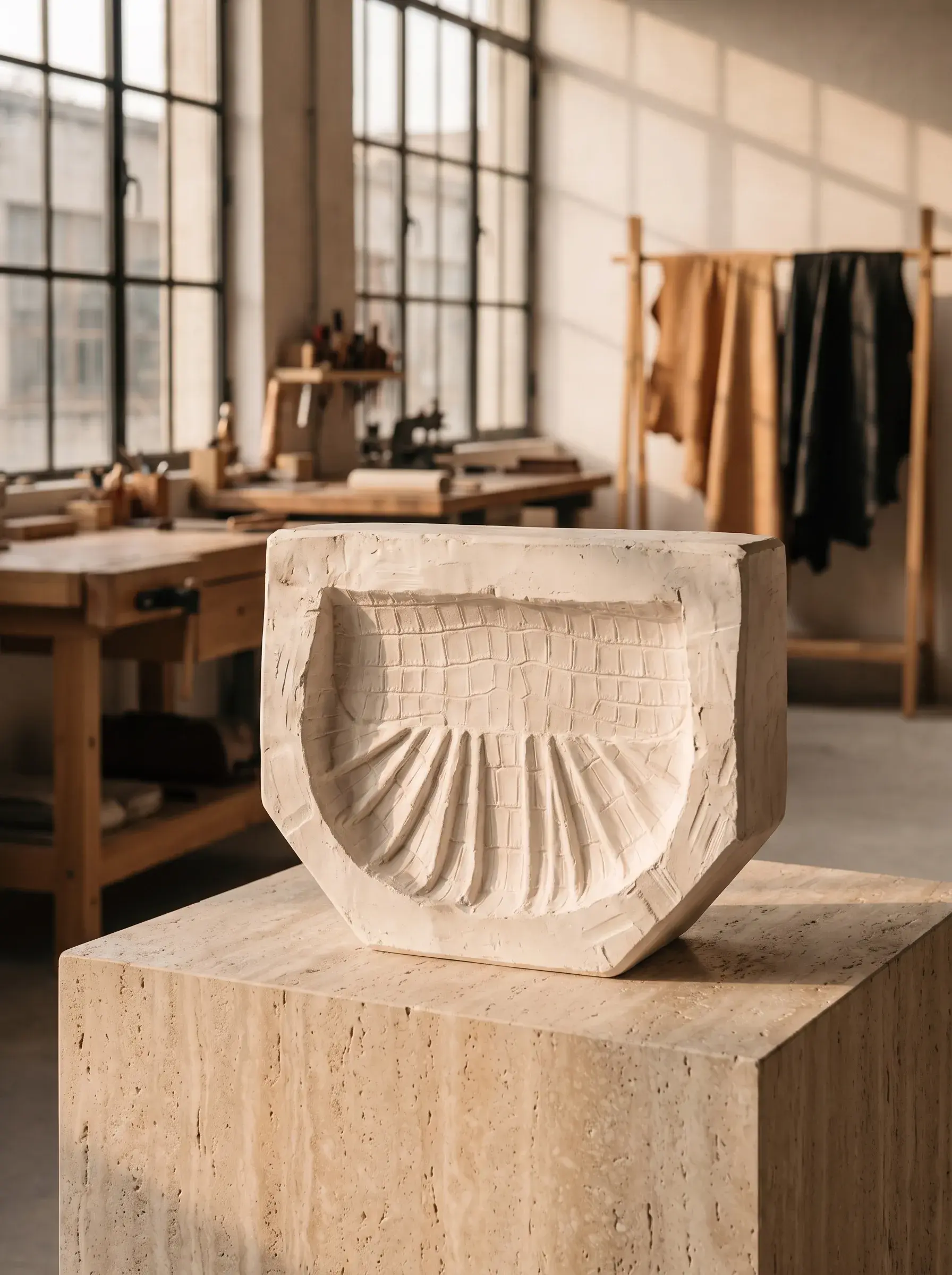 Prototype blanc de sac plissé présenté sur un socle dans un atelier lumineux