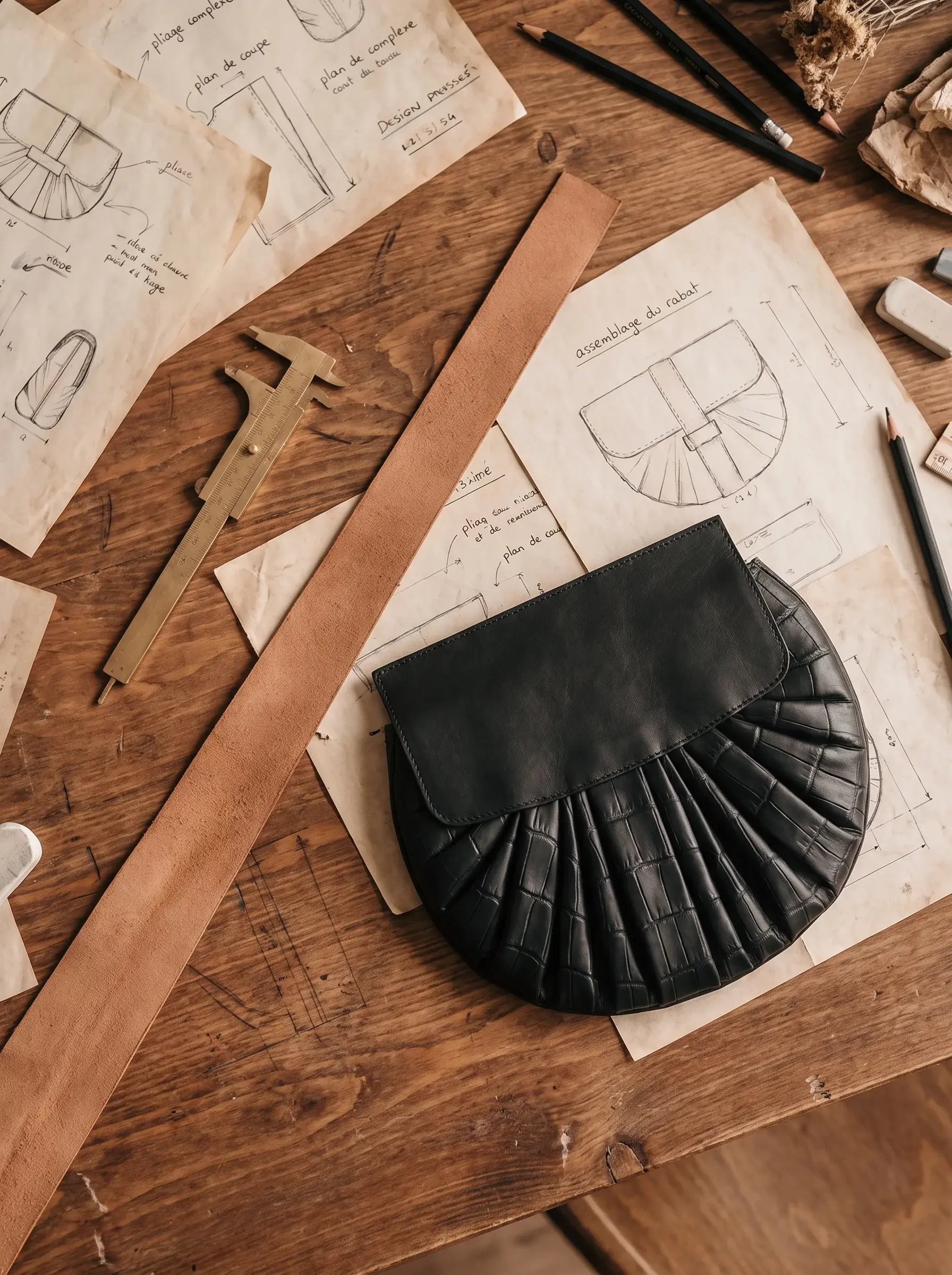 Sac noir et bandes de cuir brun posés sur des plans techniques