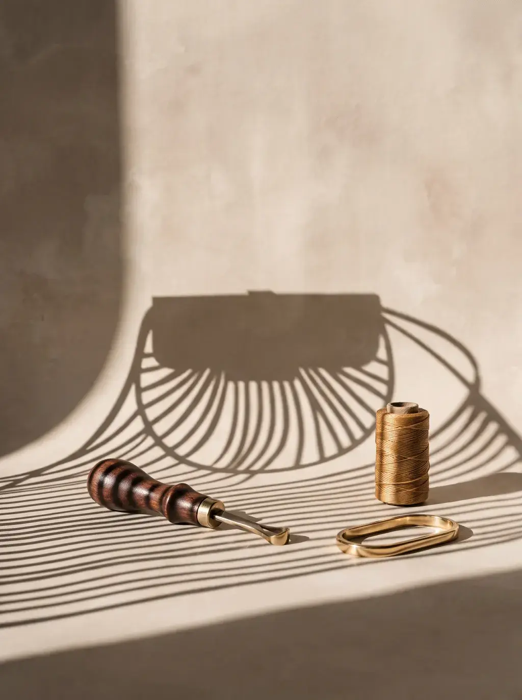 Outils de maroquinerie projetant des ombres graphiques sur une table claire