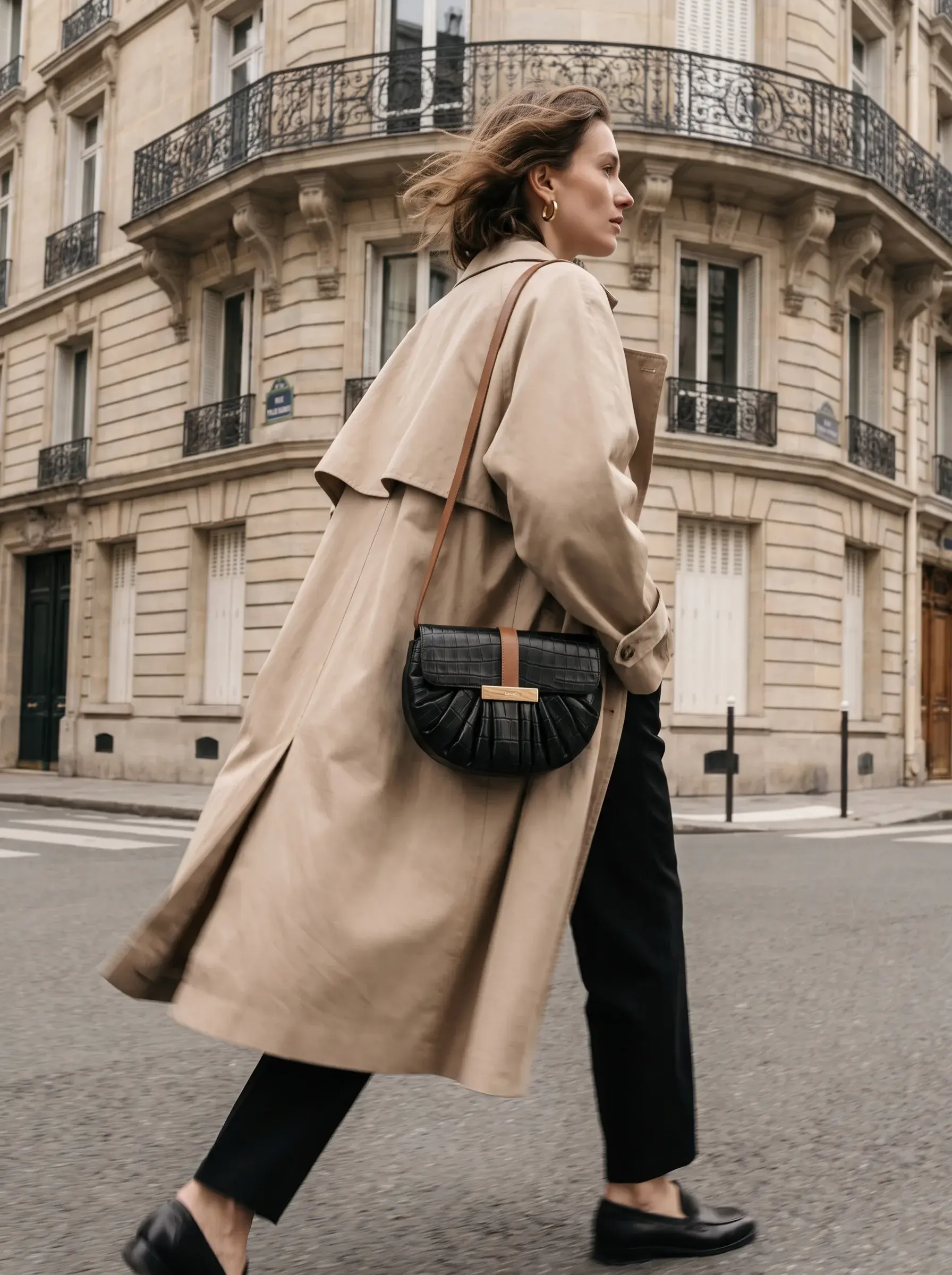 Femme en trench beige marchant dans une rue parisienne avec un sac noir
