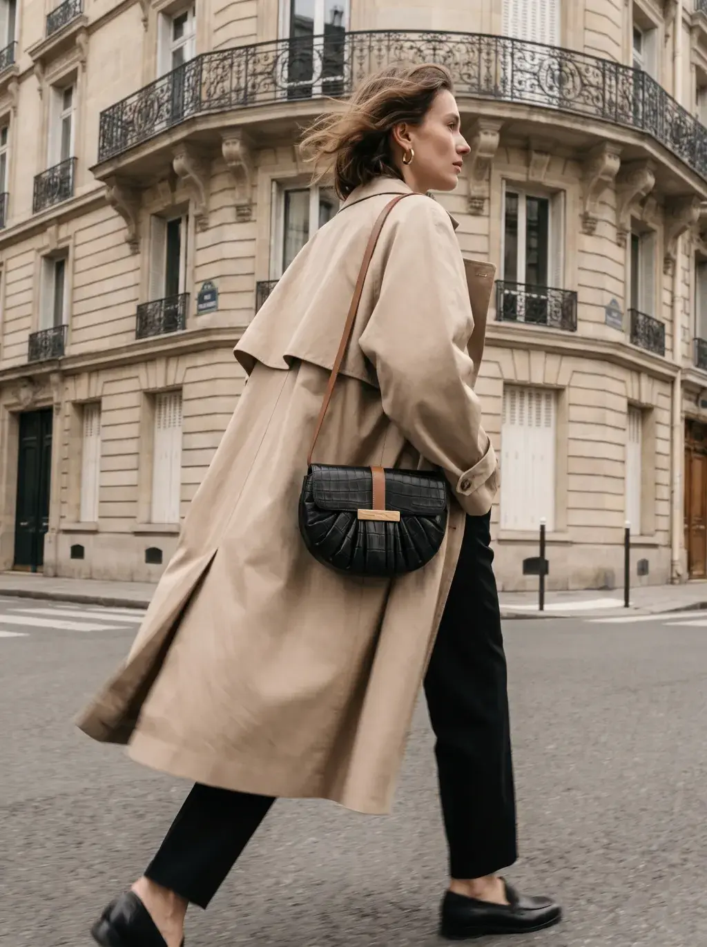 Femme en trench beige marchant dans une rue parisienne avec un sac noir