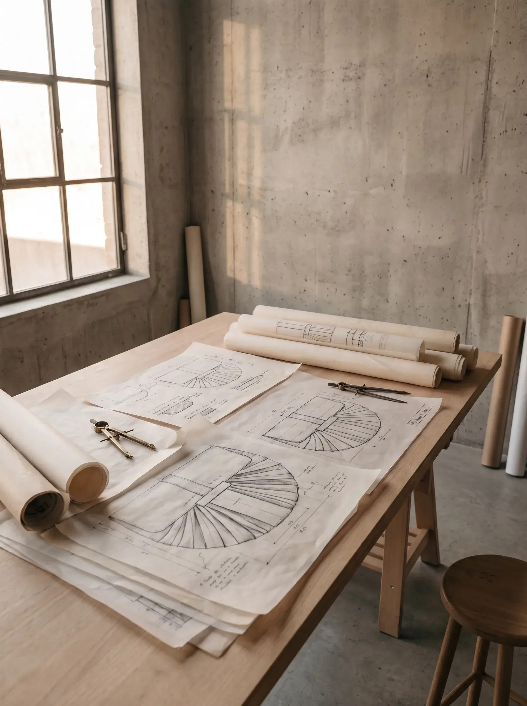 Plans de sacs et rouleaux de papier étalés sur une table près d’une fenêtre