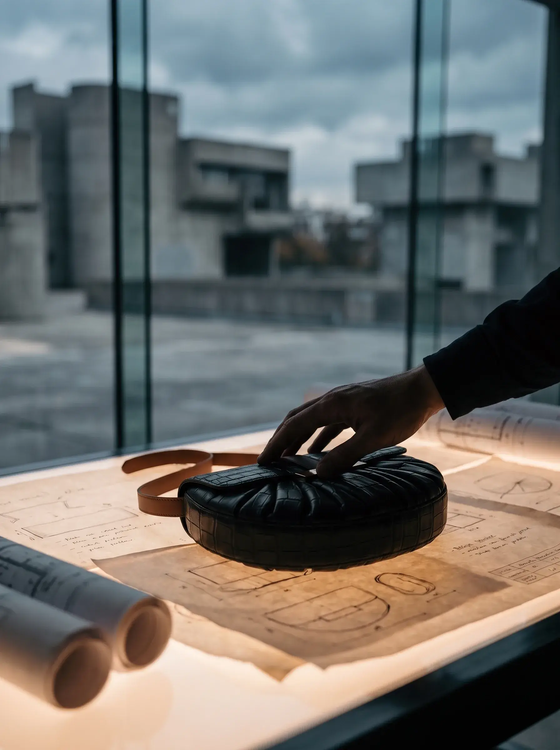 Main posée sur un prototype de sac noir devant une baie vitrée urbaine