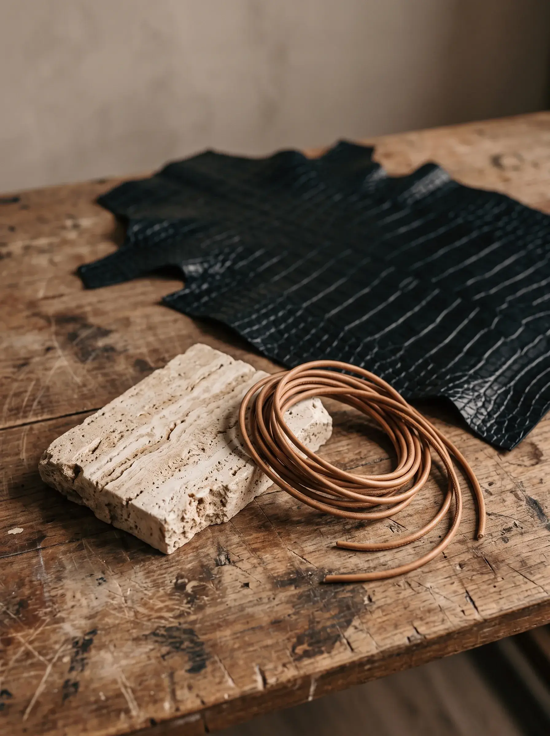 Peau de cuir noir et rouleau de sangle brune posés sur un établi