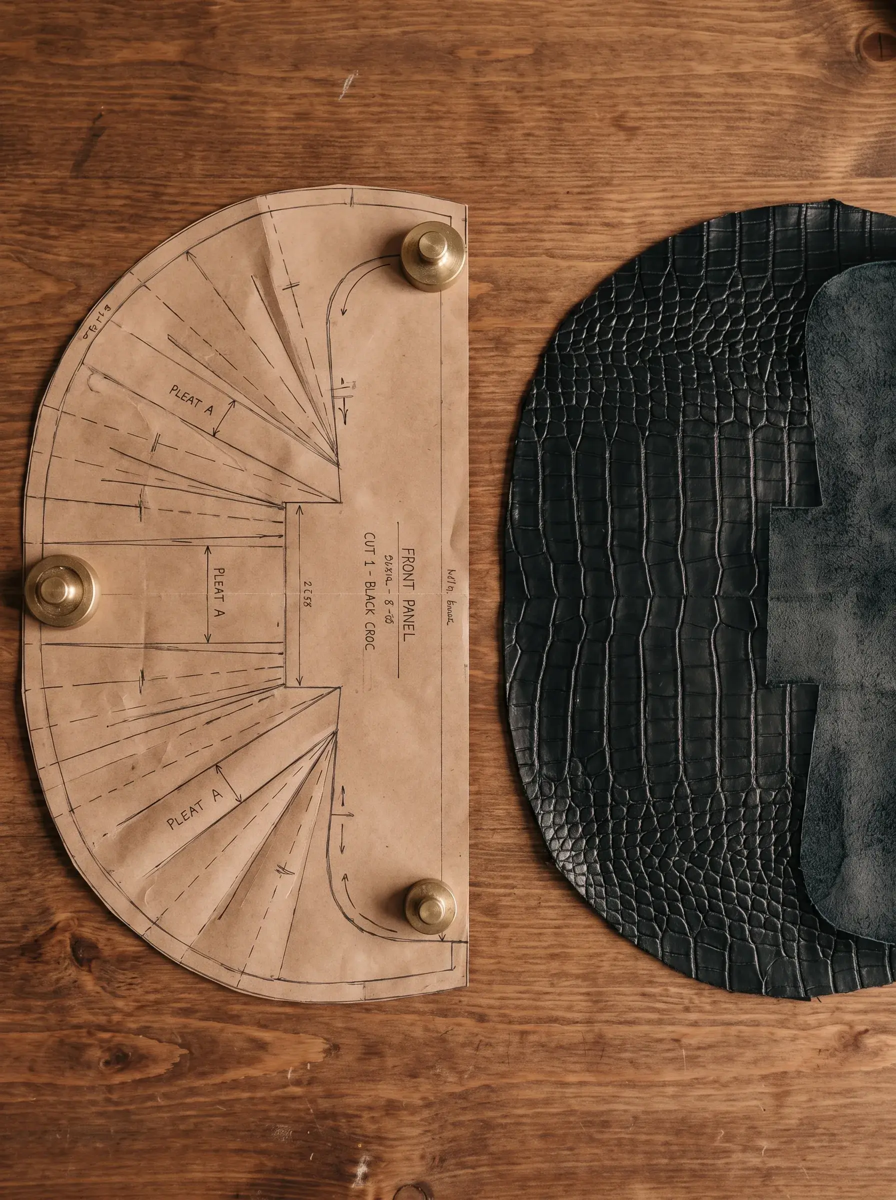 Patron circulaire de sac et pièces de cuir noir découpées sur bois