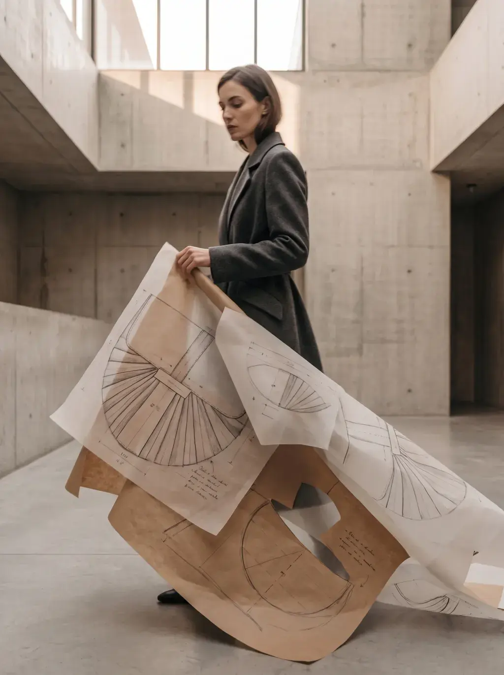 Femme portant de grands patrons de sac dans un atelier brutaliste