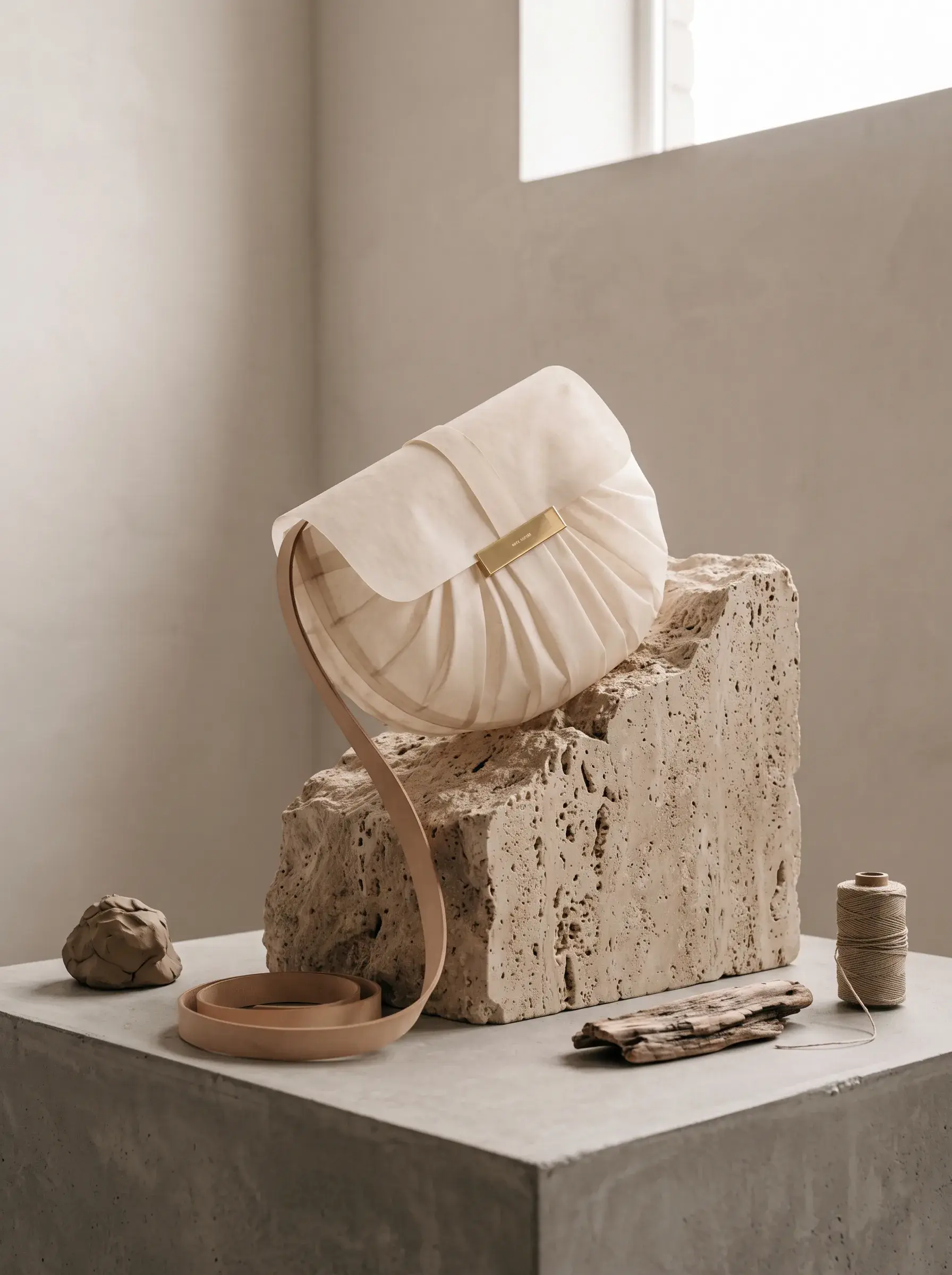 Prototype blanc de sac présenté dans un atelier avec outils et matières