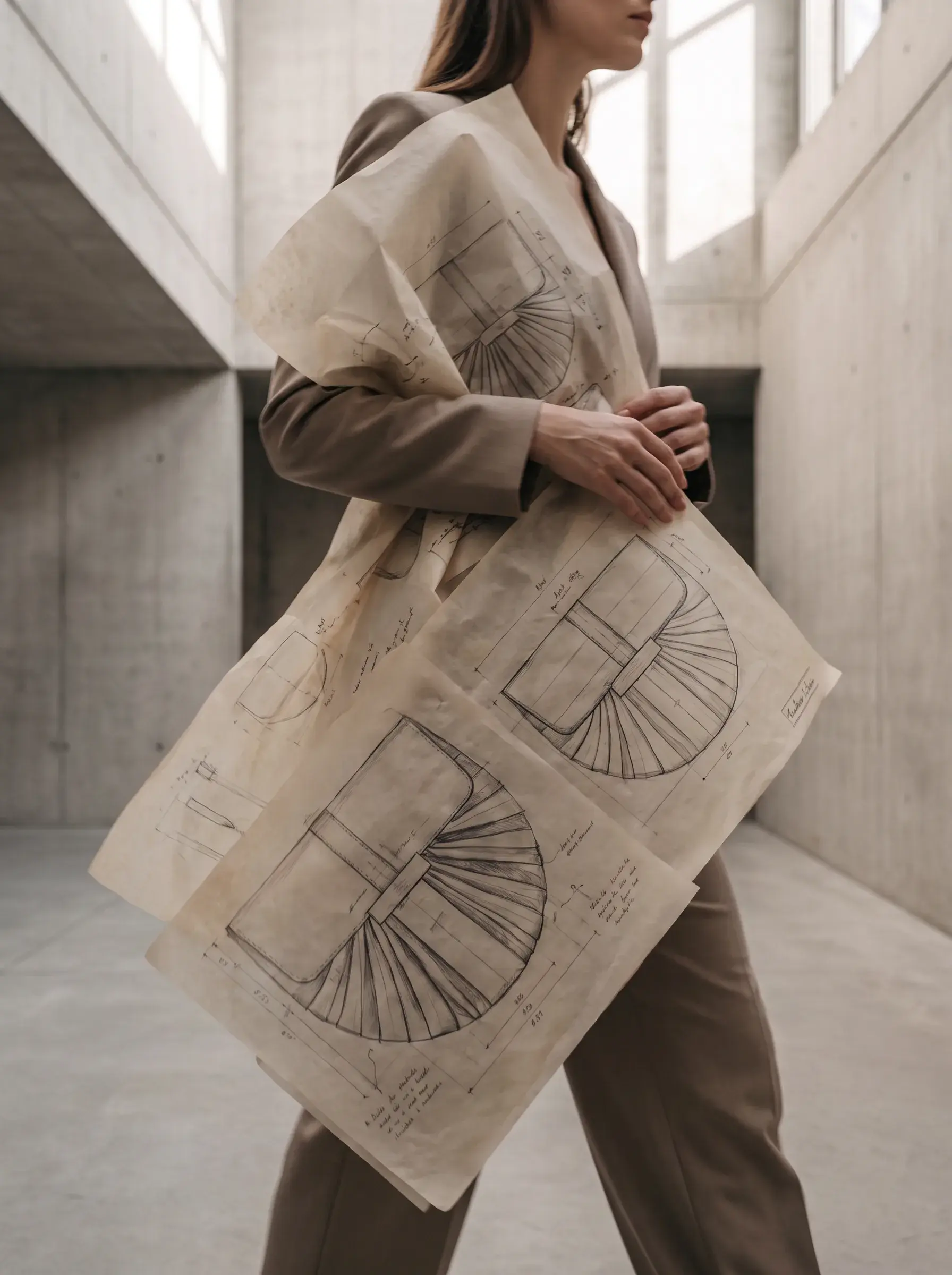 Femme tenant un immense patron de sac devant son corps dans un hall béton
