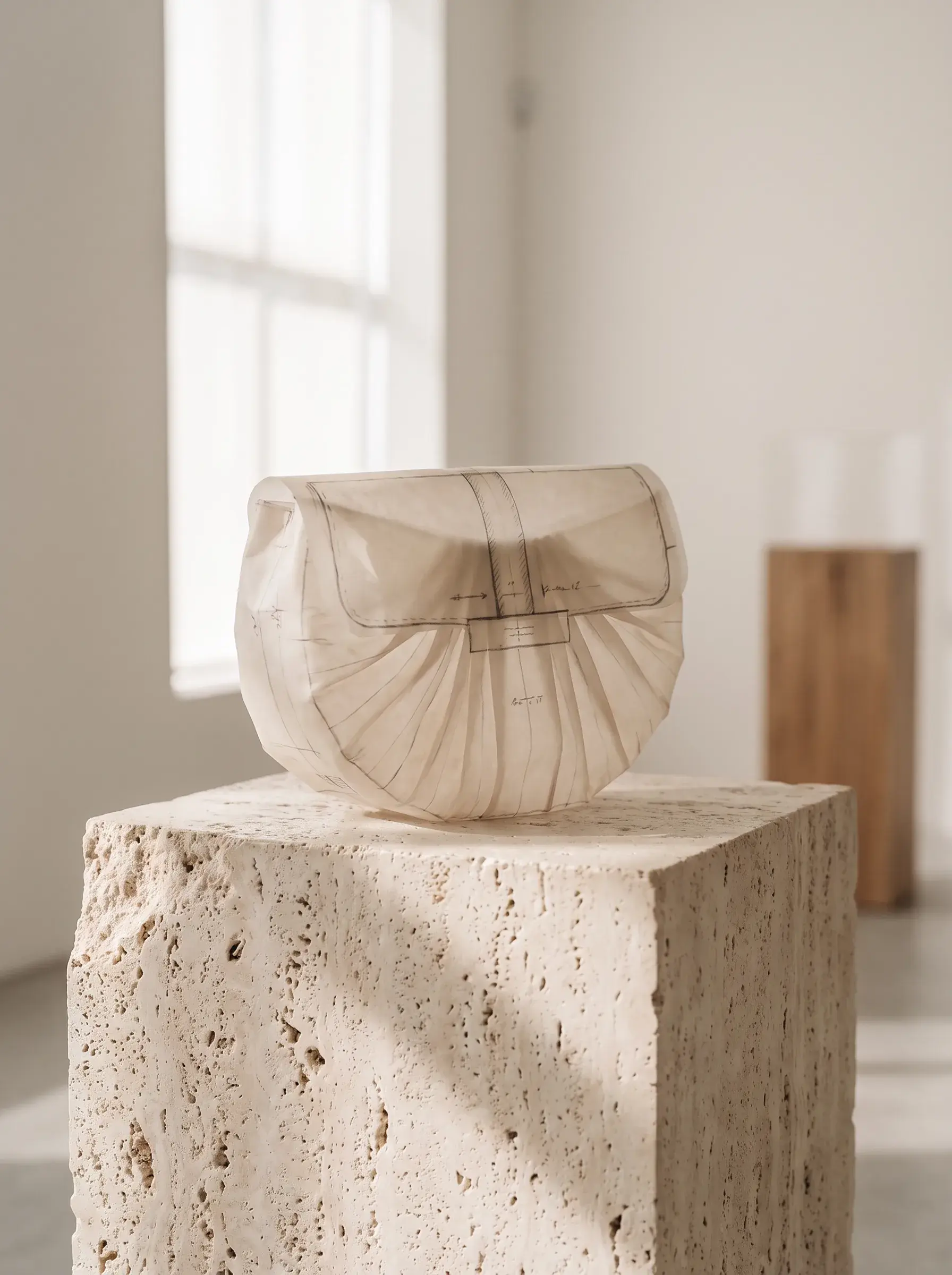Prototype blanc de sac sculptural exposé sur un socle en pierre