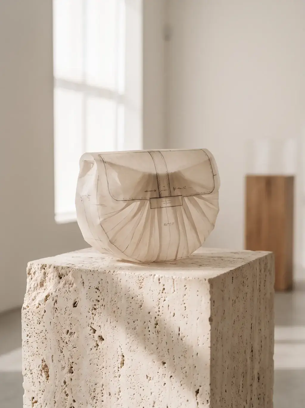 Prototype blanc de sac sculptural exposé sur un socle en pierre