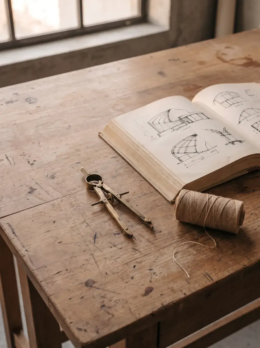 Carnet de croquis ouvert, compas et bobine de fil sur une table en bois