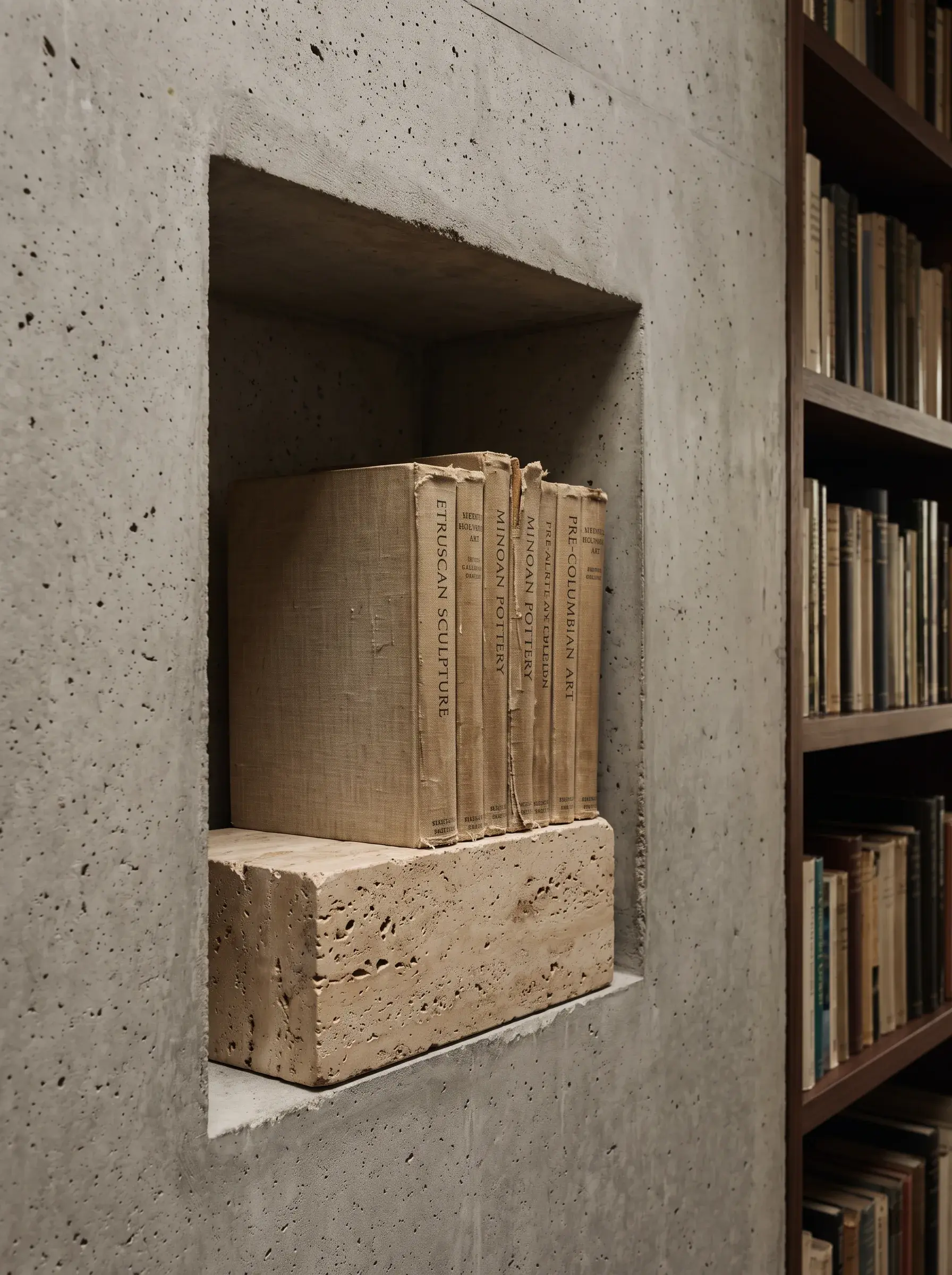 Livres anciens exposés dans une niche de béton au cœur d’une bibliothèque