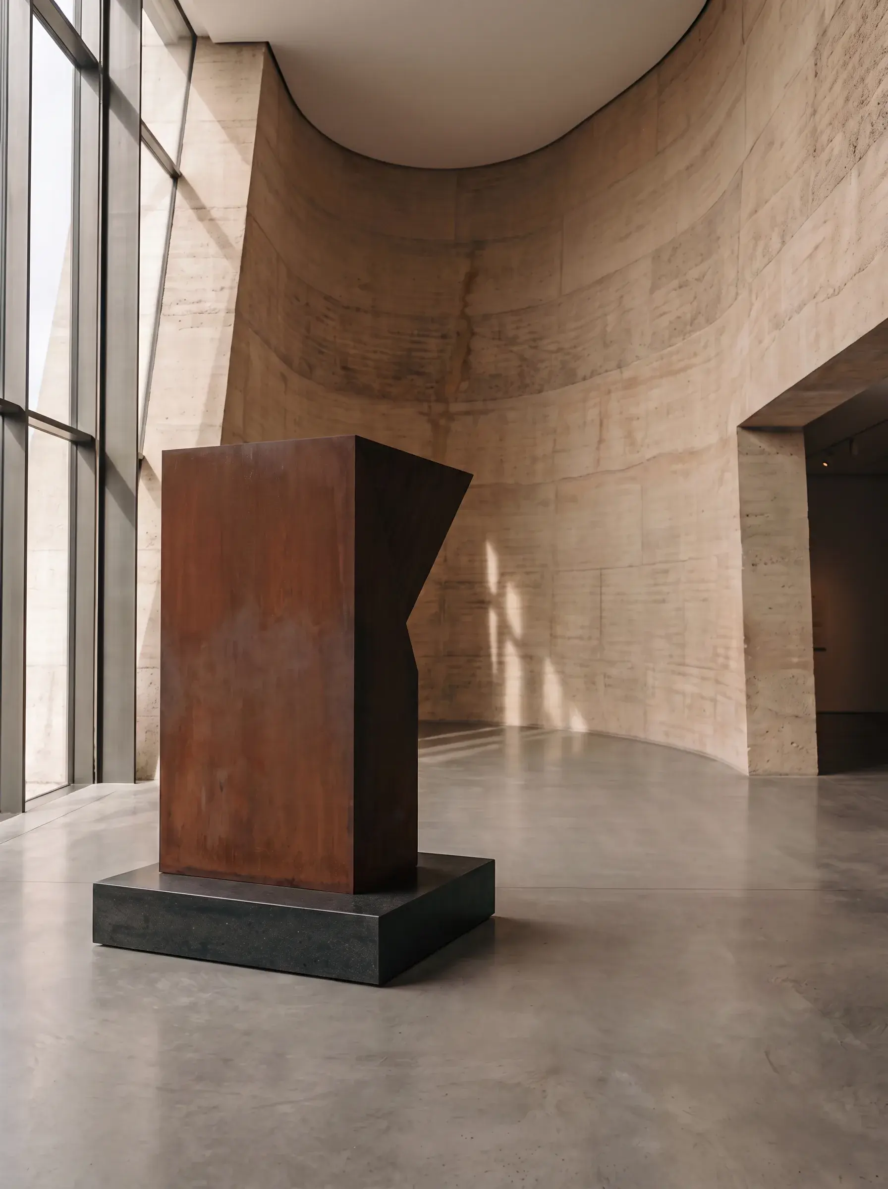 Sculpture métallique rouillée exposée dans un vaste hall minéral