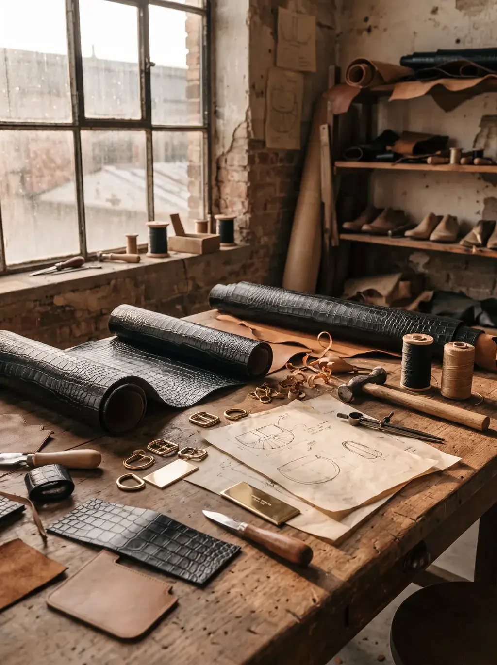 Atelier de maroquinerie rempli de rouleaux de cuir, outils et patrons