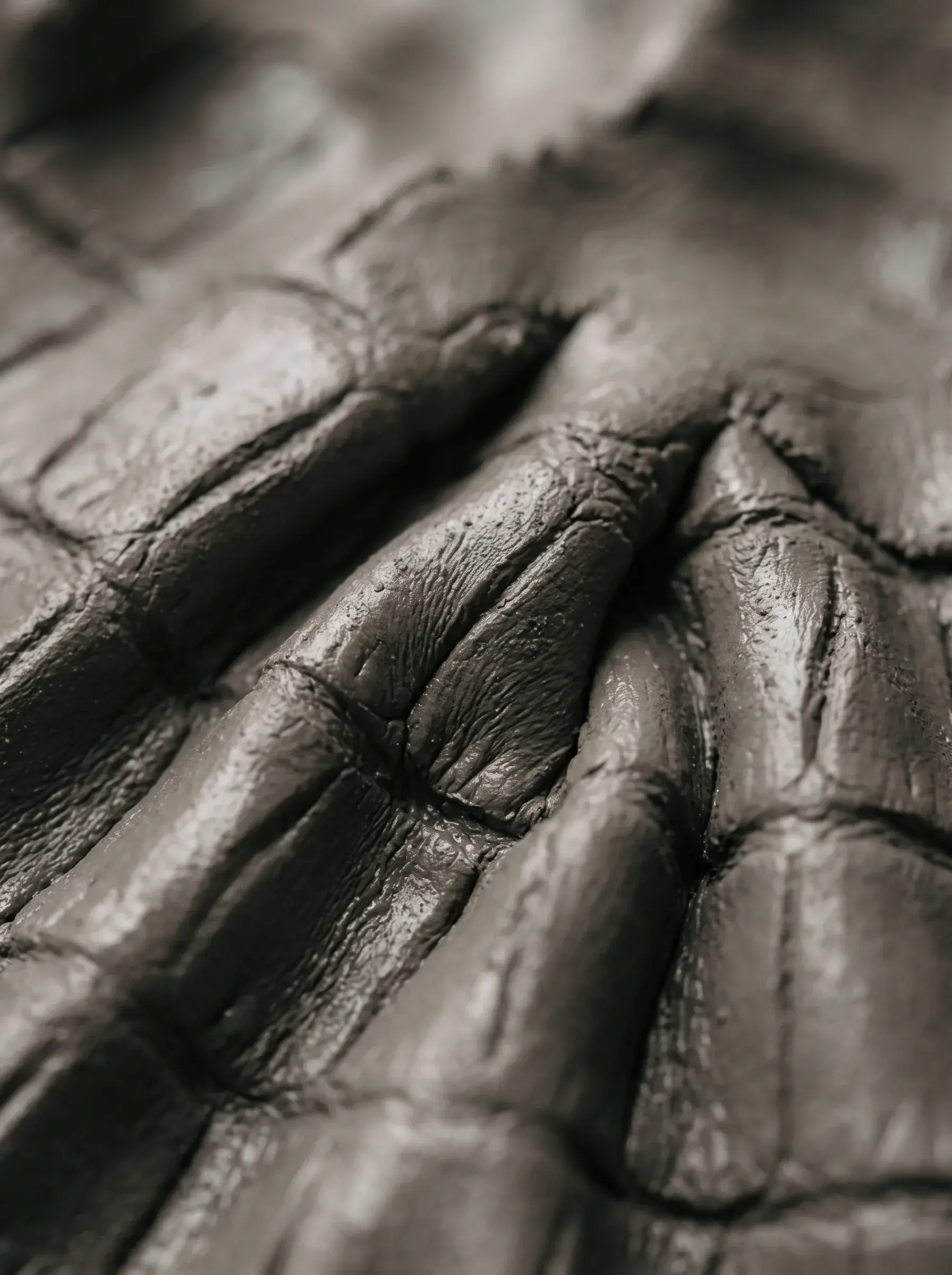 Macro d’un cuir noir plissé aux reflets métalliques et coutures profondes