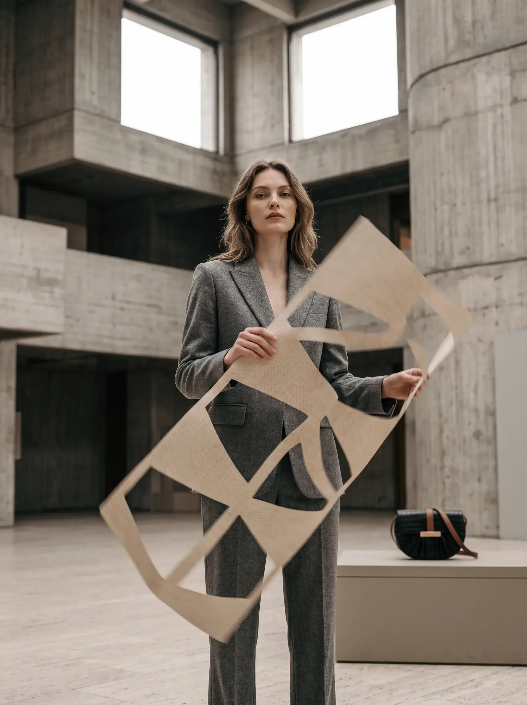 Femme tenant une grande structure de patron géométrique dans un atelier béton