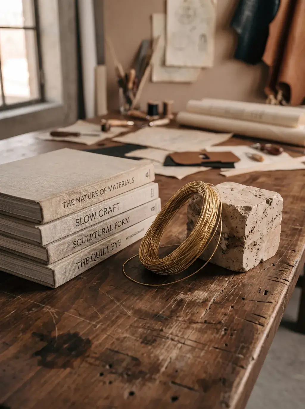 Livres de design, rouleau de sangle et bloc de pierre sur une table d’atelier