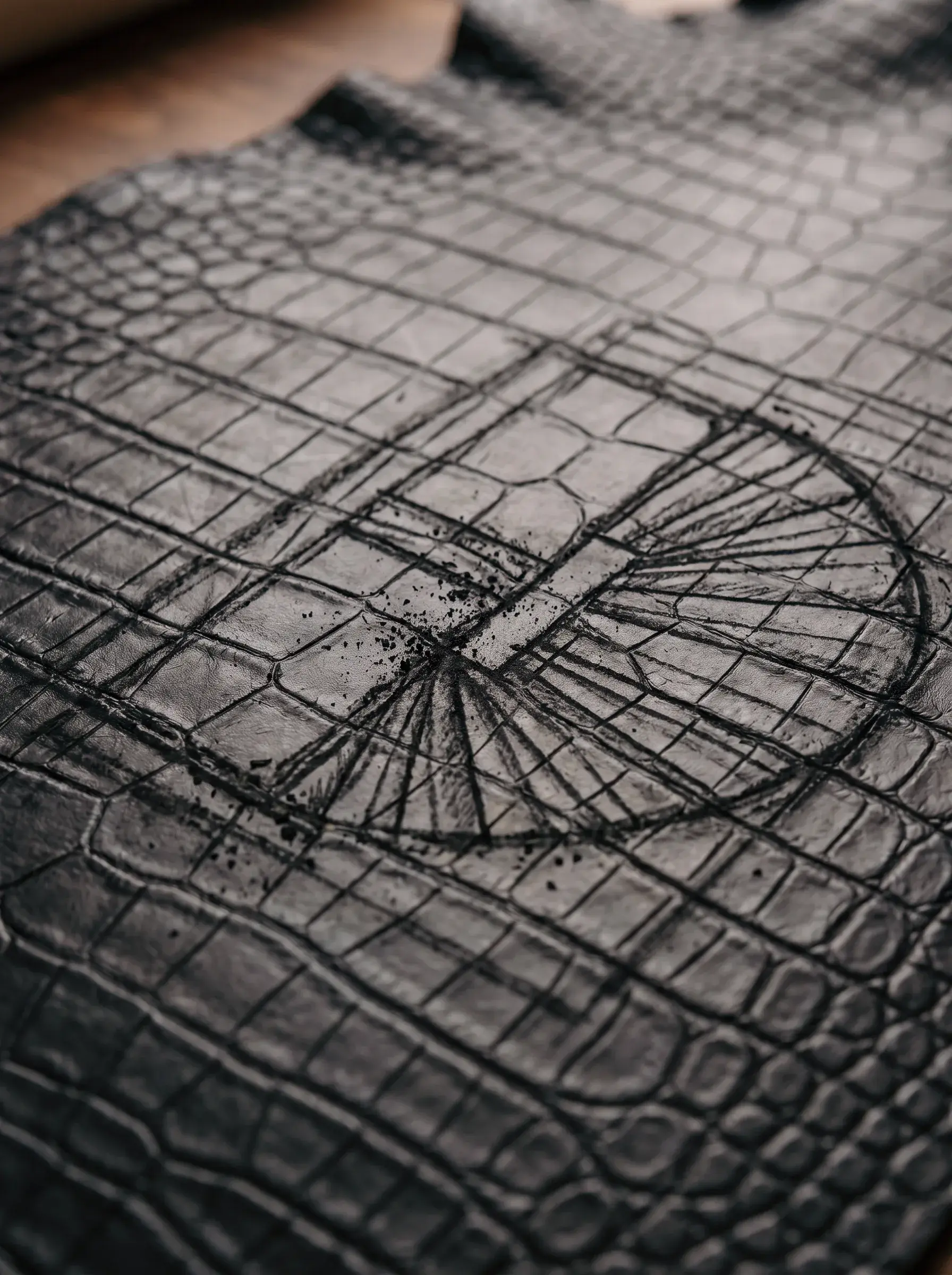 Dessin technique de sac tracé directement sur une peau de cuir noir