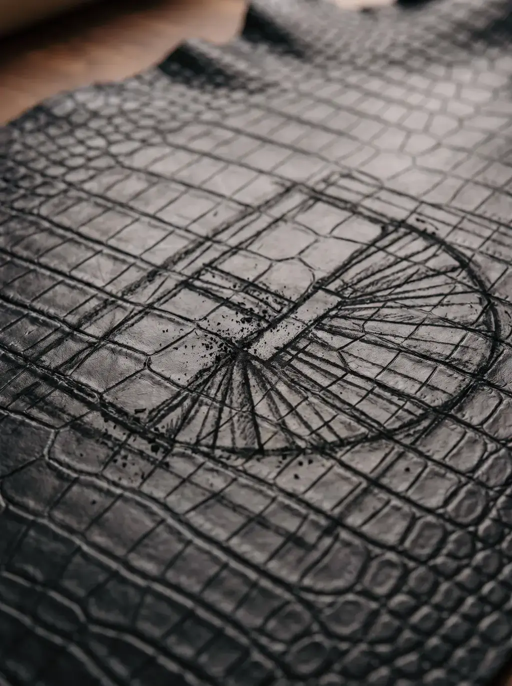 Dessin technique de sac tracé directement sur une peau de cuir noir