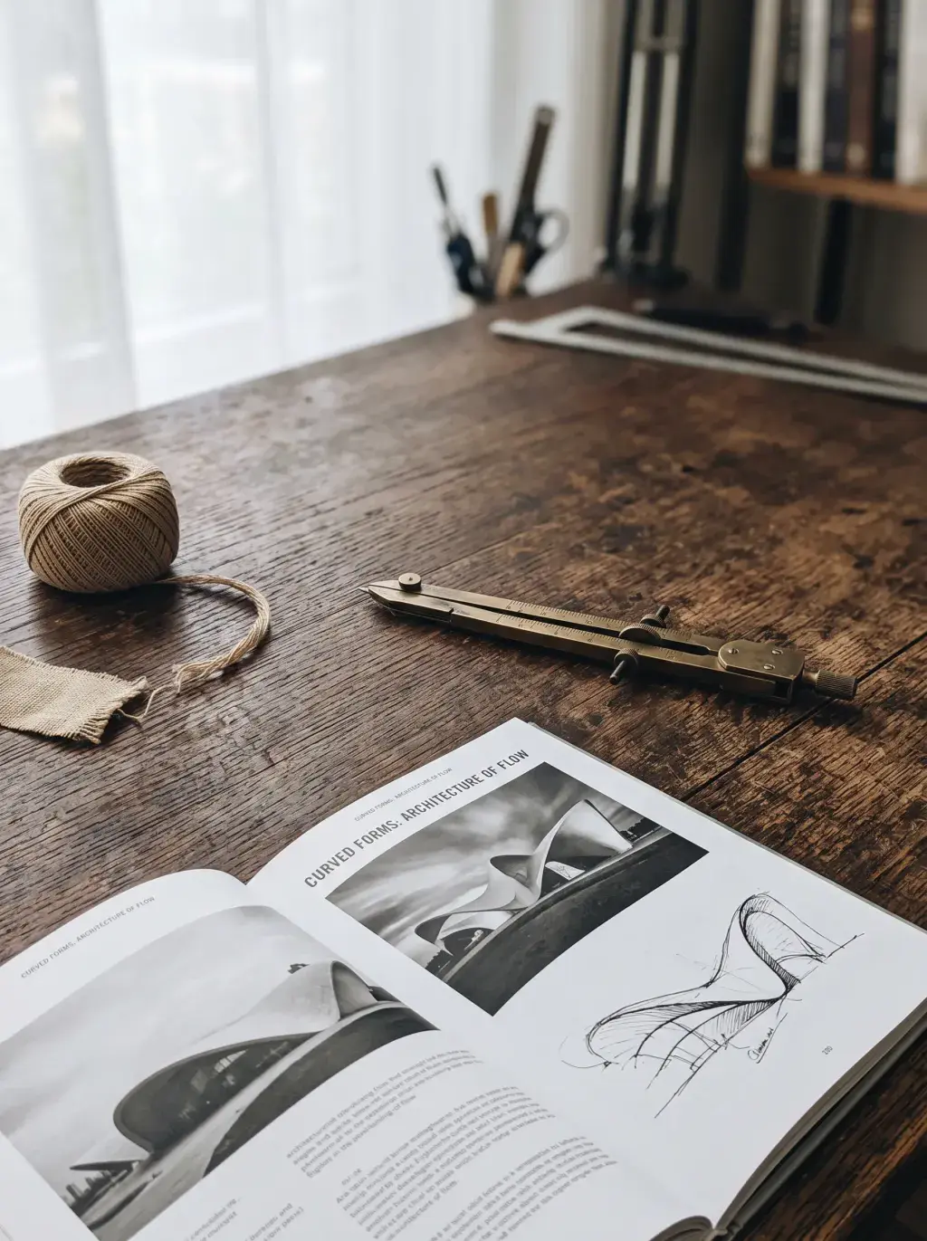 Livre de design ouvert, règle et pelote de ficelle sur un établi patiné