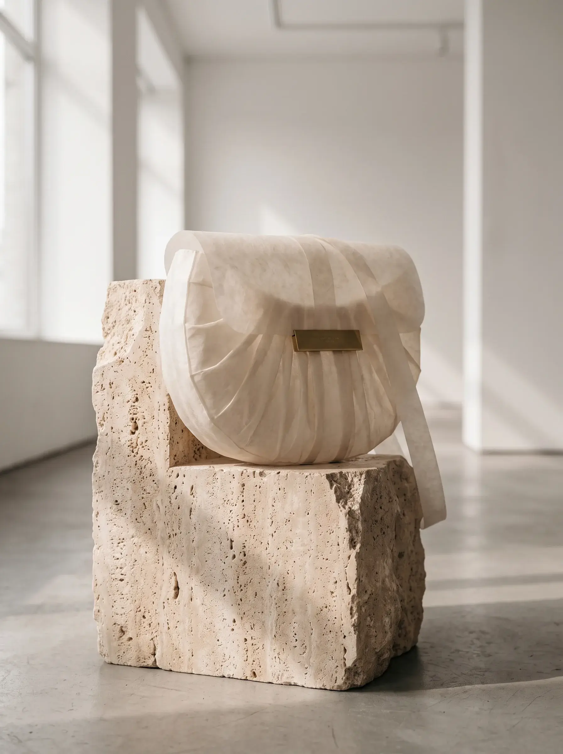 Prototype blanc de sac à rabat présenté sur deux blocs de pierre