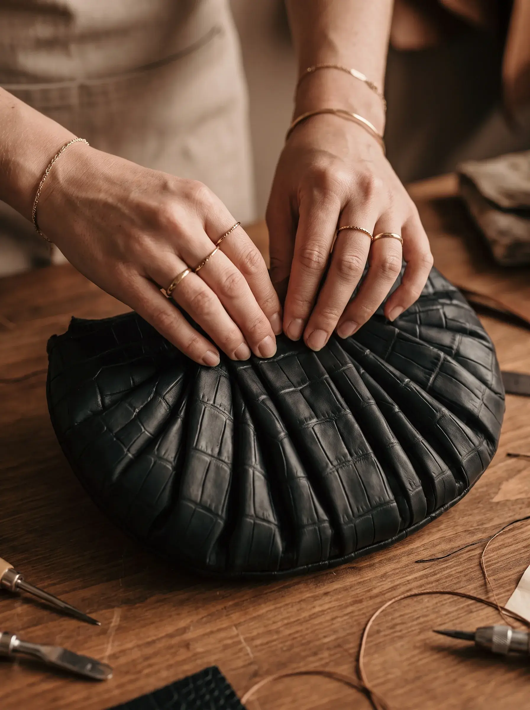 Mains d’artisane formant les plis circulaires d’un sac noir sur un établi