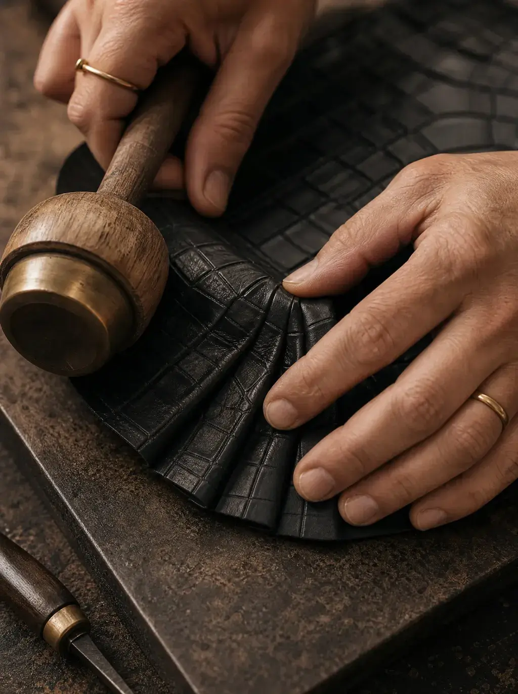 Mains d’artisan martelant une pièce de cuir noir sur un établi