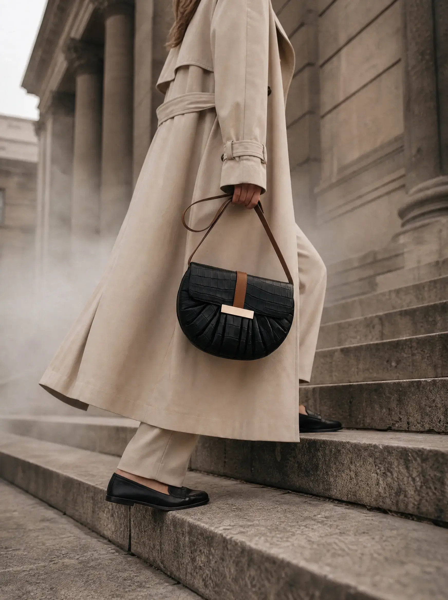 Femme en trench clair portant un sac noir dans un escalier en pierre