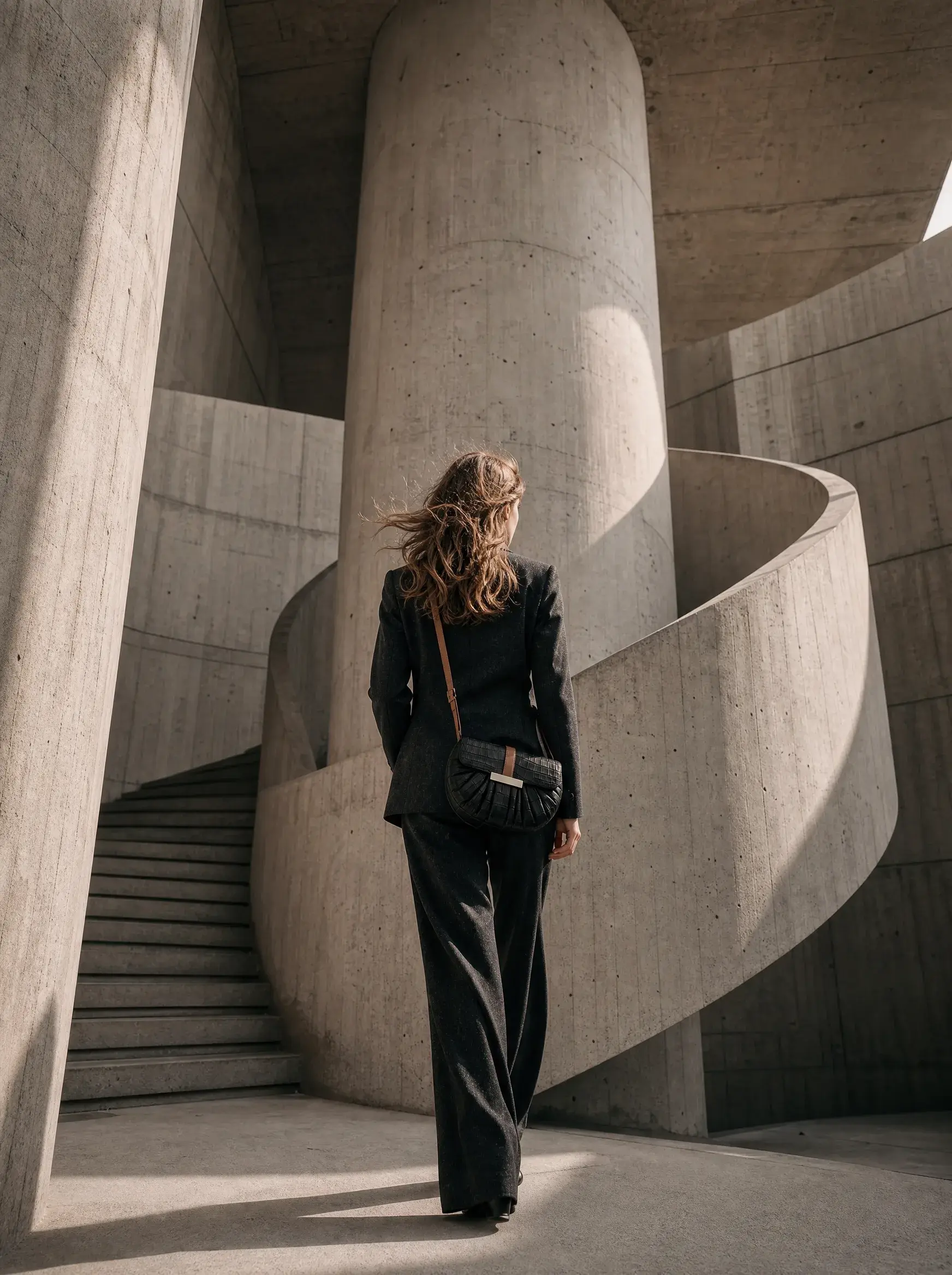 Femme en tailleur noir devant un escalier hélicoïdal en béton