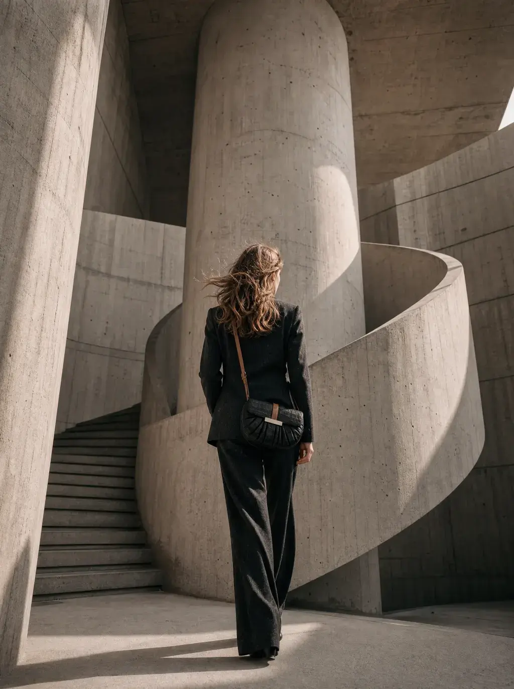 Femme en tailleur noir devant un escalier hélicoïdal en béton