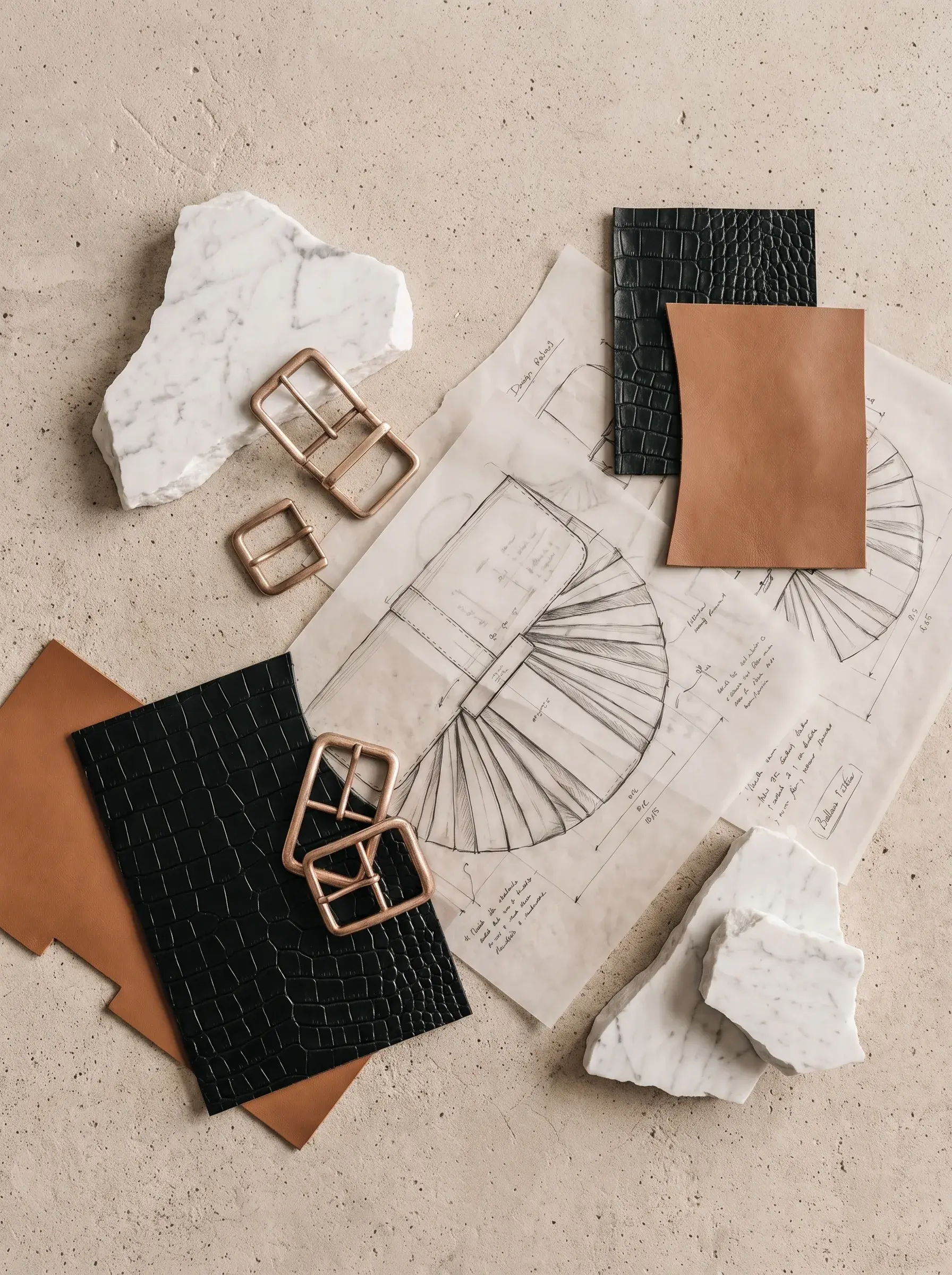 Plans de sac, fermoirs et échantillons de cuir composés sur fond clair