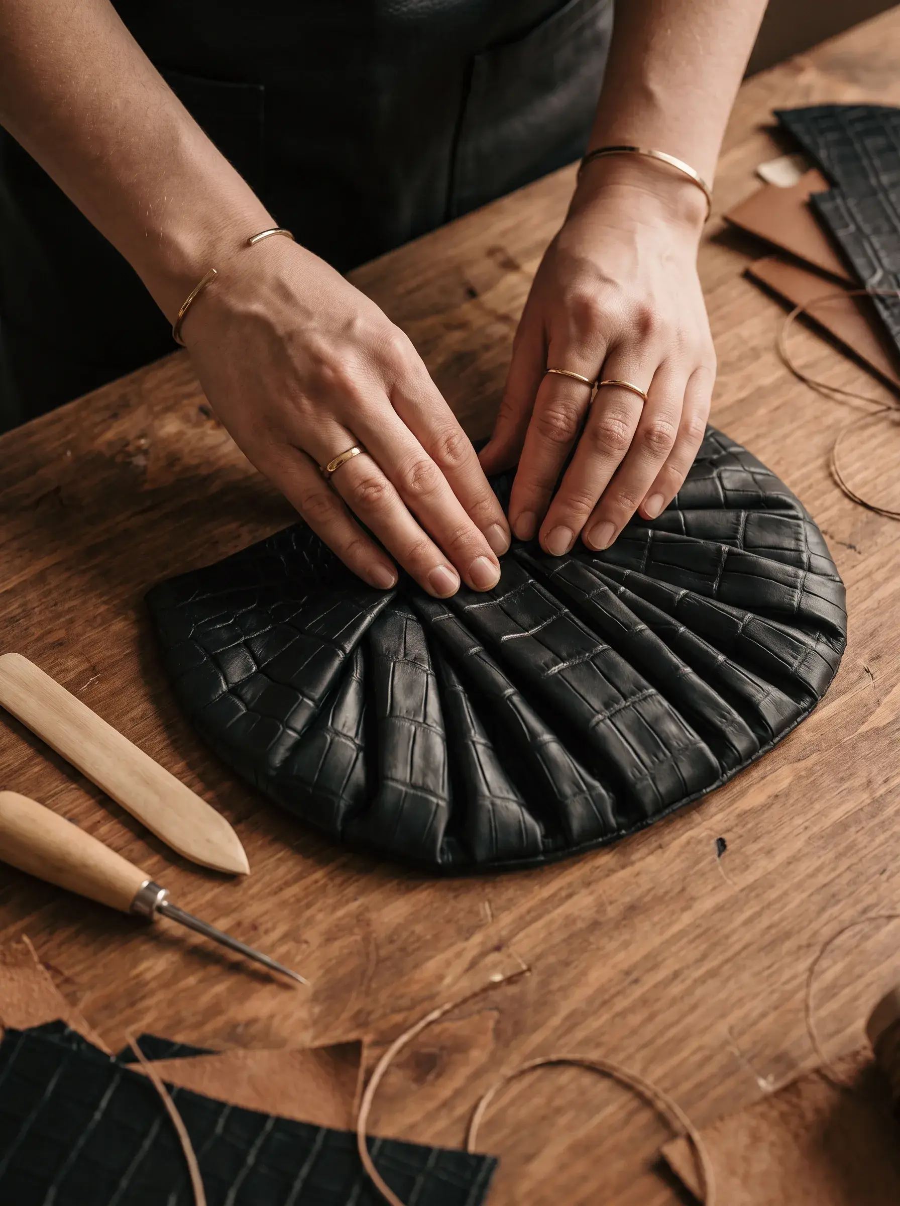 Mains d’artisane façonnant un sac noir plissé sur une table en bois