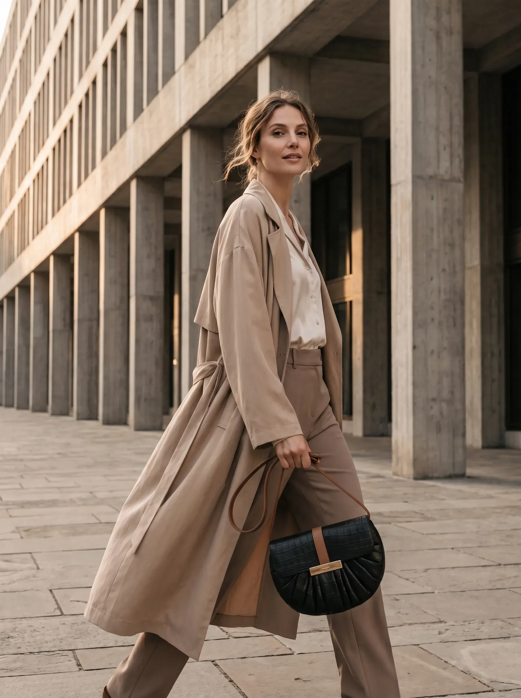 Femme en trench beige marchant avec un sac noir devant une façade à colonnes