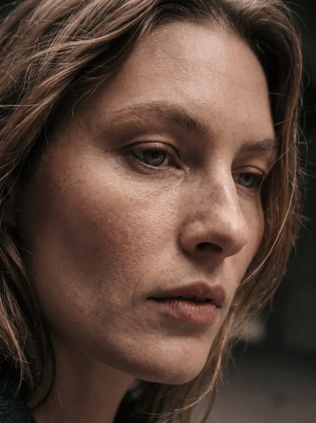 Portrait rapproché de femme aux yeux bleus-gris, fond sombre, sans maquillage