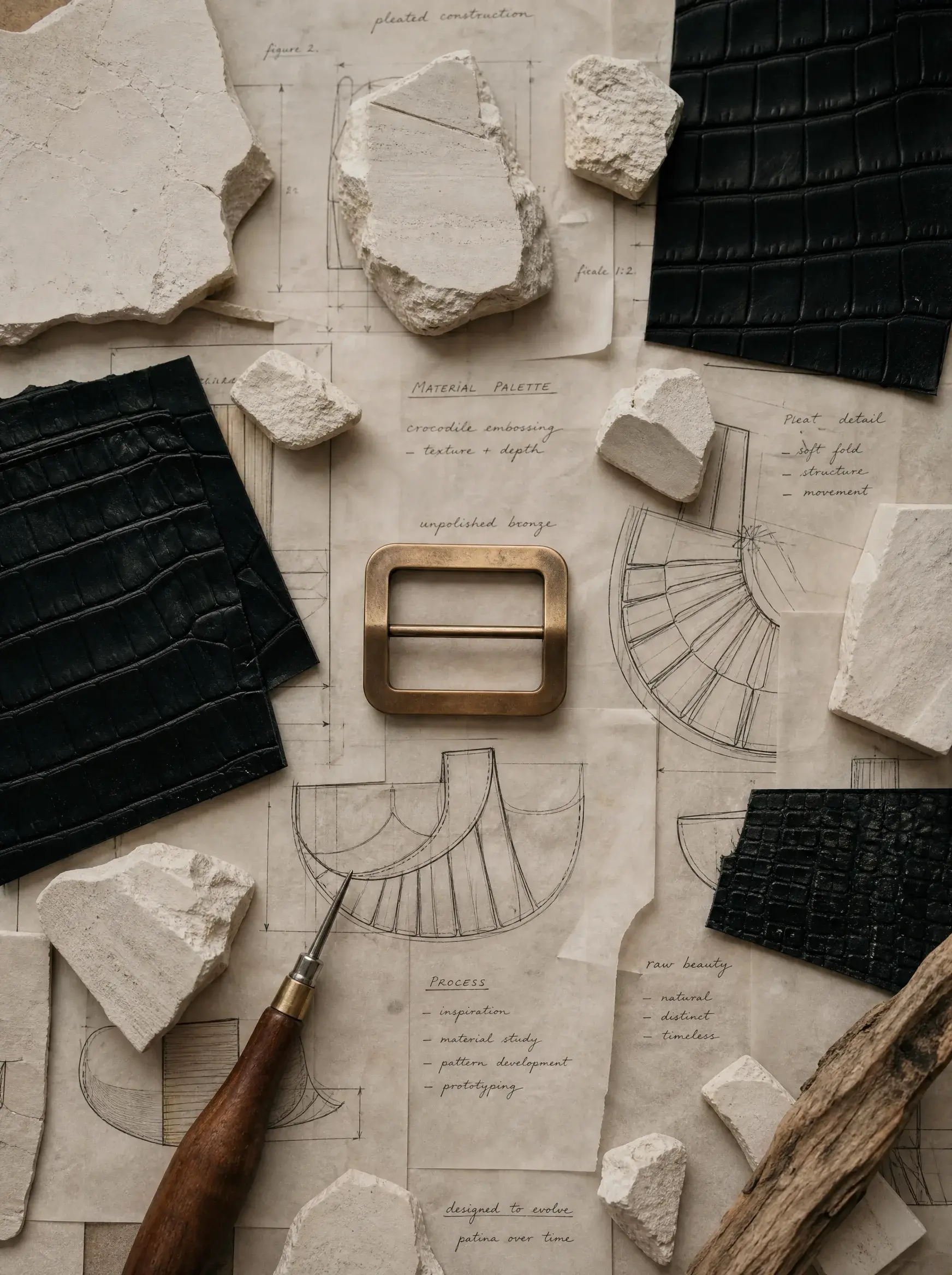 Plans de sac, boucle dorée et fragments de plâtre disposés sur une table