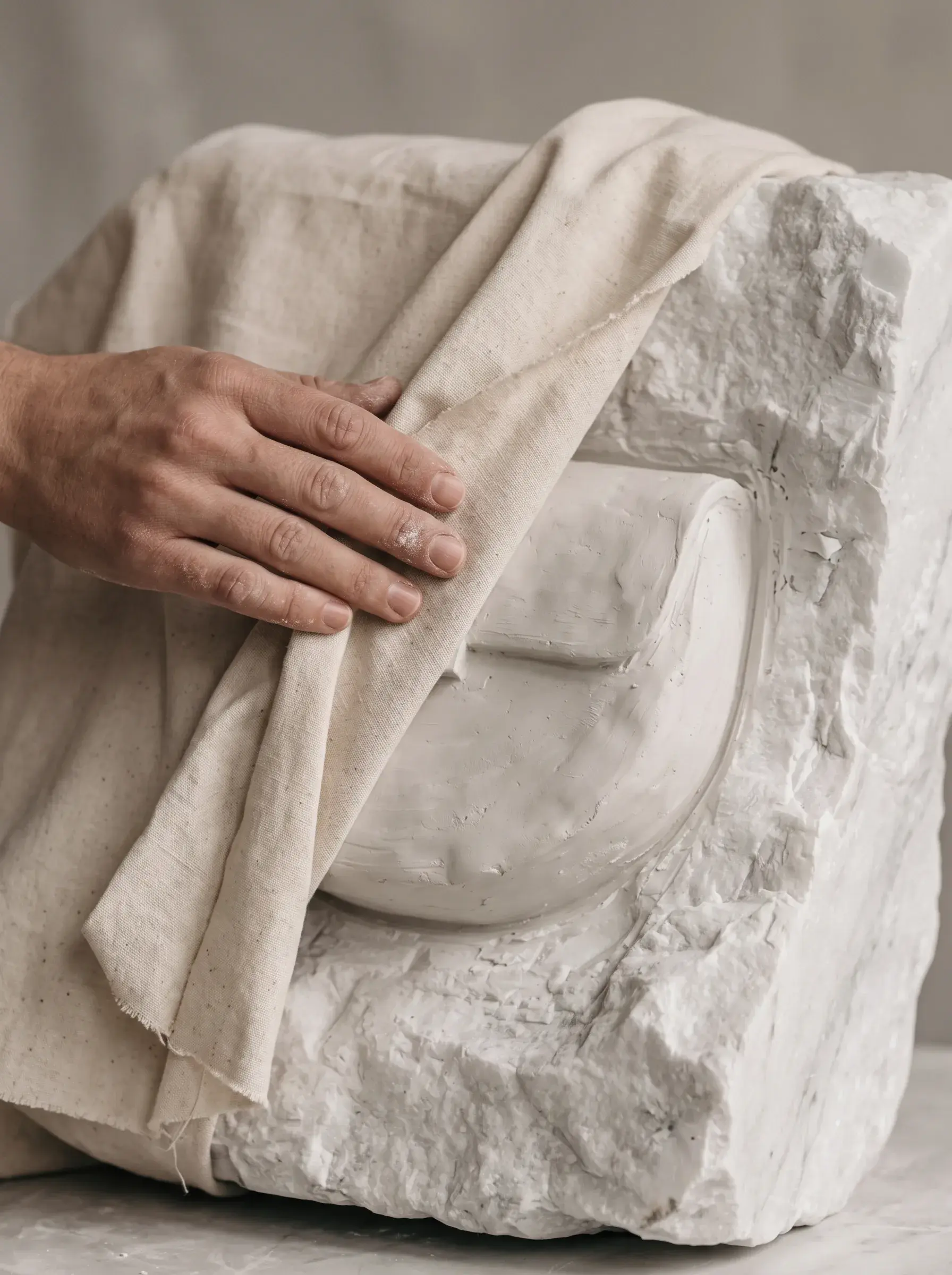 Main dévoilant un prototype de sac blanc sculpté dans un bloc de plâtre