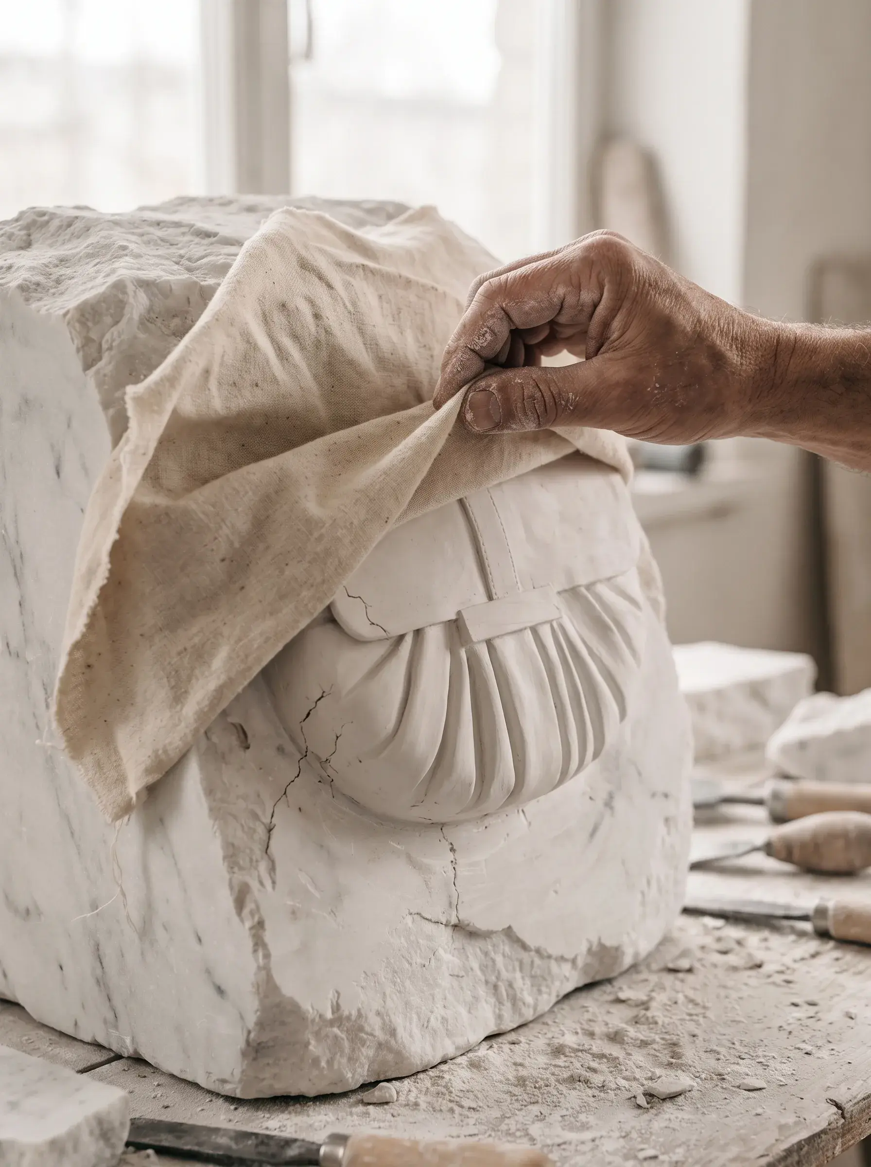 Main dévoilant un prototype blanc de sac sculpté dans un bloc de plâtre