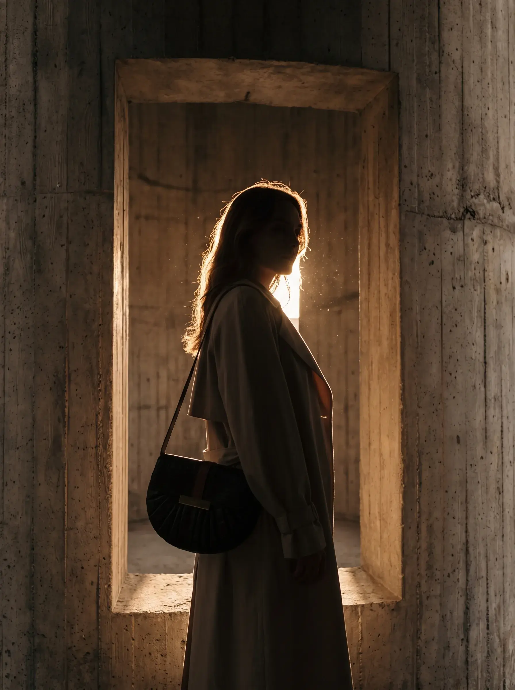 Silhouette d’une femme portant un sac noir dans une embrasure lumineuse