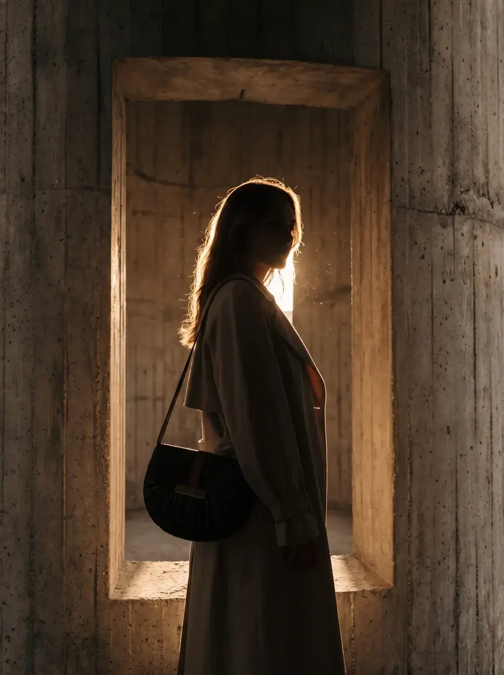 Silhouette d’une femme portant un sac noir dans une embrasure lumineuse