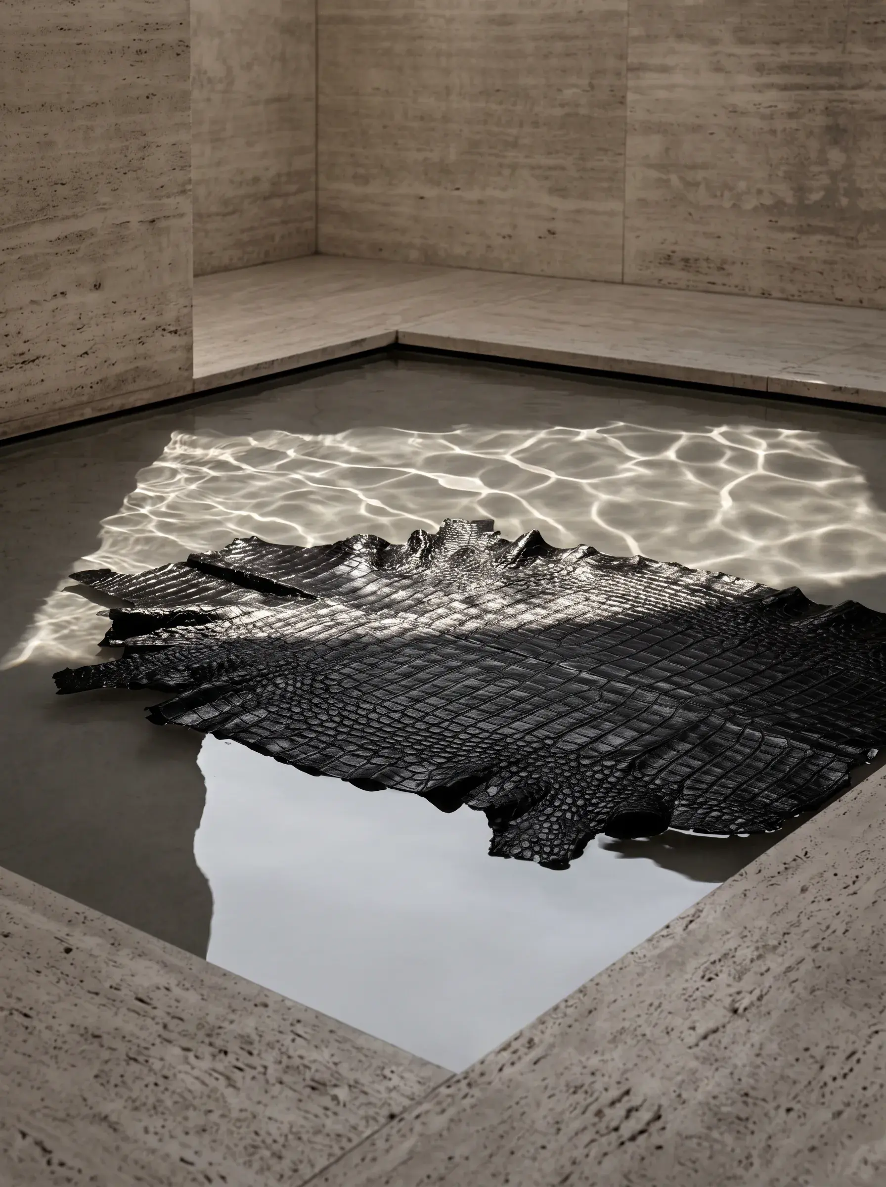 Pièce de cuir noir flottant sur un bassin d’eau dans un espace brutaliste