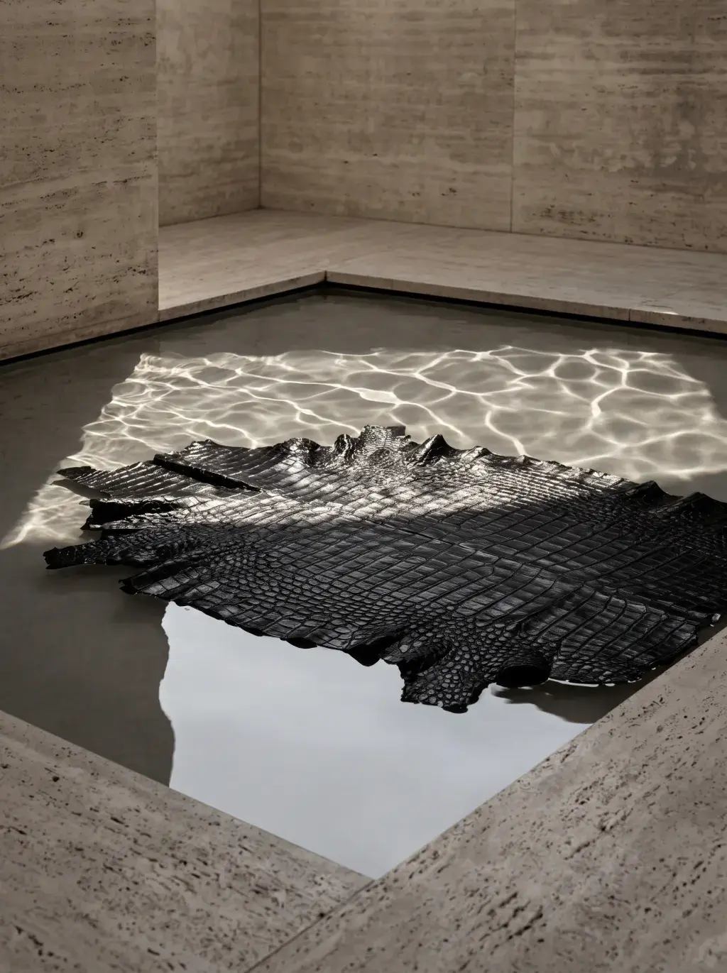 Pièce de cuir noir flottant sur un bassin d’eau dans un espace brutaliste