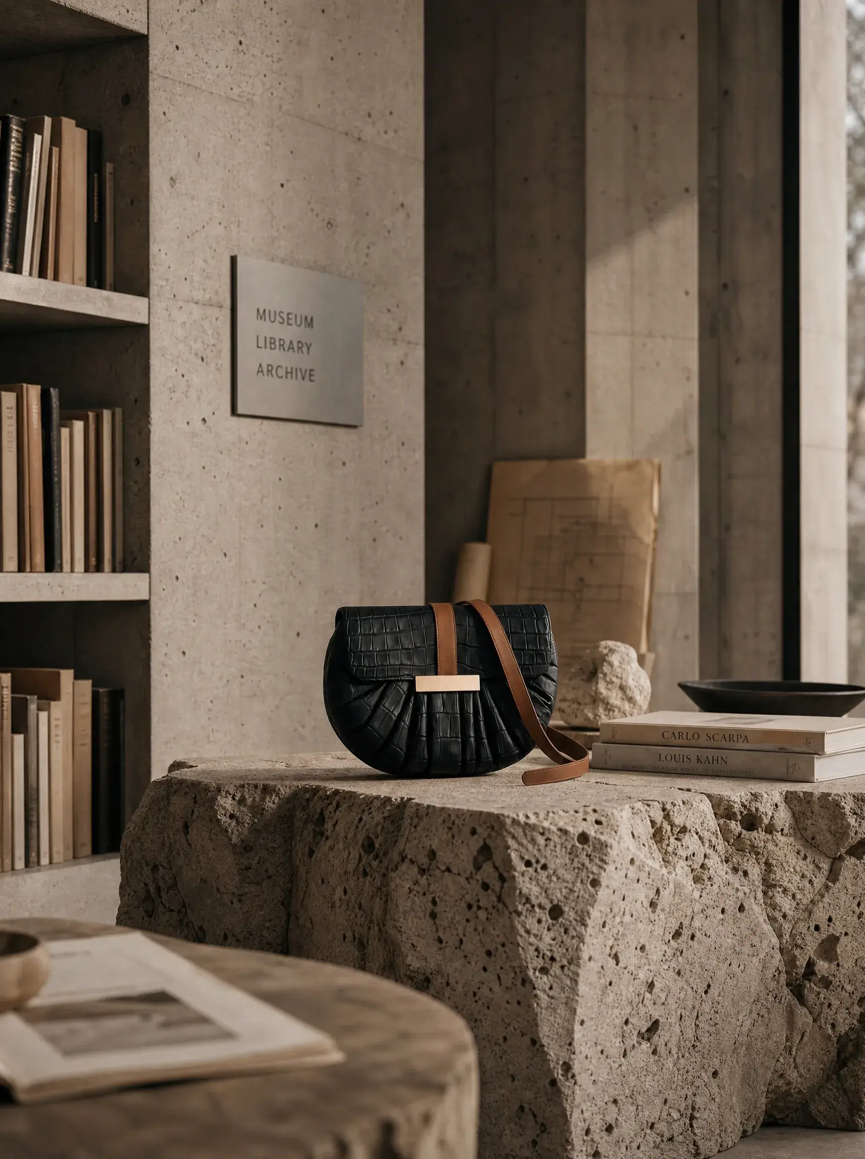 Sac noir posé sur un comptoir de pierre dans une bibliothèque brutaliste